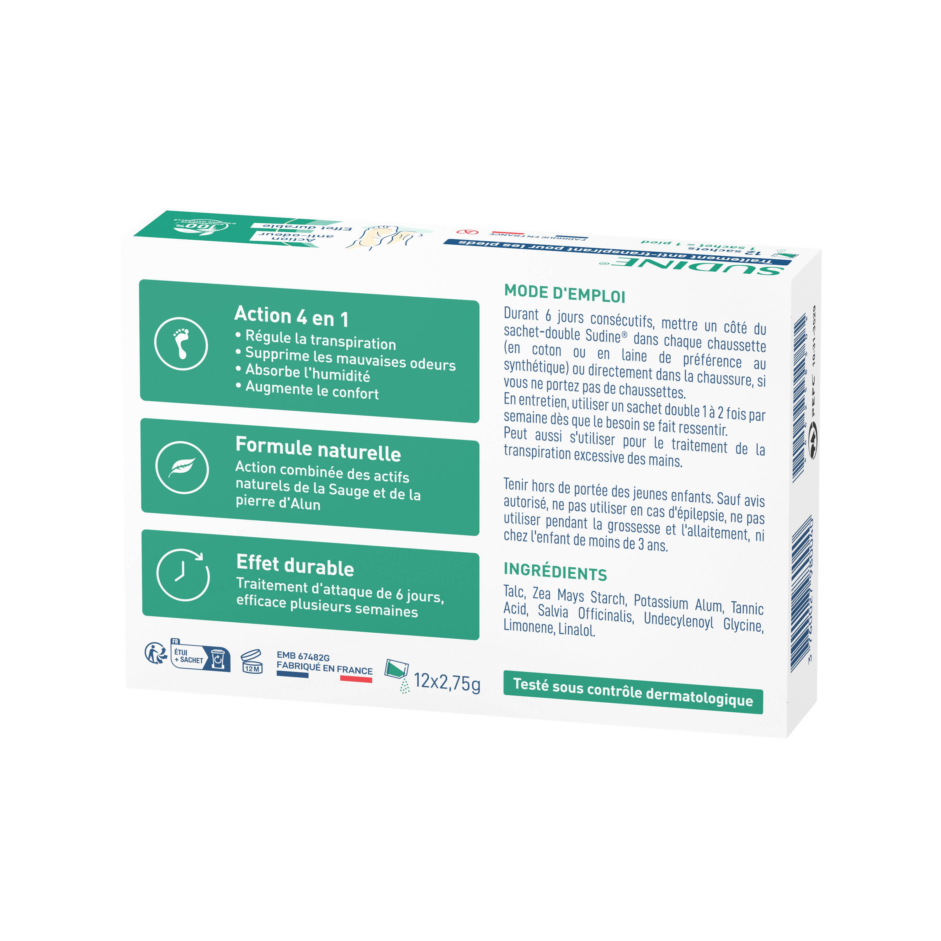 SORIFA - Sudine Powder Antitranspirant Treatment - Fuß - Reguliert die Schweißbildung - Absorbiert - Verhindert Pilzinfektionen - Ohne Aluminiumsalze - Hergestellt in Frankreich - Schachtel mit 6 Doppelbeuteln