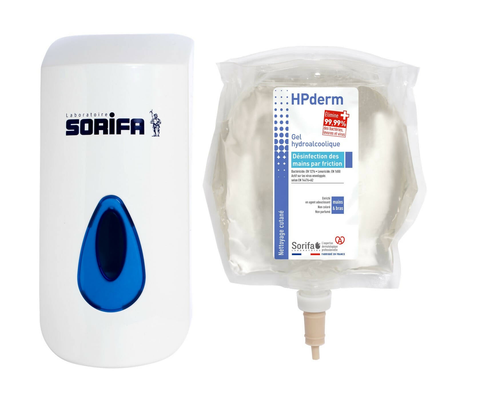 SORIFA - Pack of 2 - HPderm Hydroalcoholic Gel - Hand disinfection by friction - Hands, arms - Enriched with glycerin - Fragrance-free - 800 ml bag for SORIBAG wall dispenser