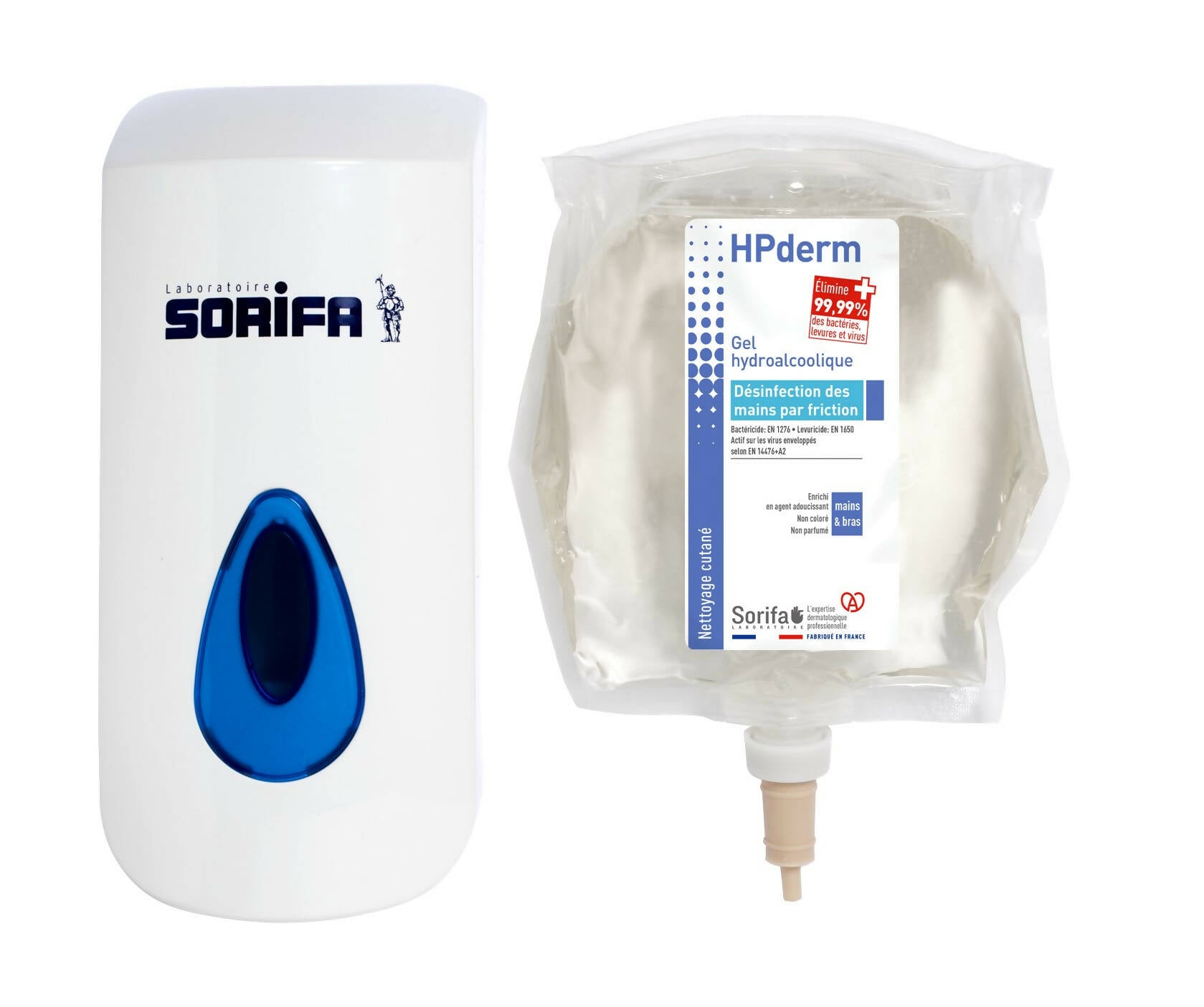 SORIFA - Lot de 2 - HPderm Gel hydroalcoolique - Désinfection des mains par friction - Mains, bras - Enrichi en glycérine - Sans parfum – Poche 800 ml pour distributeur mural SORIBAG