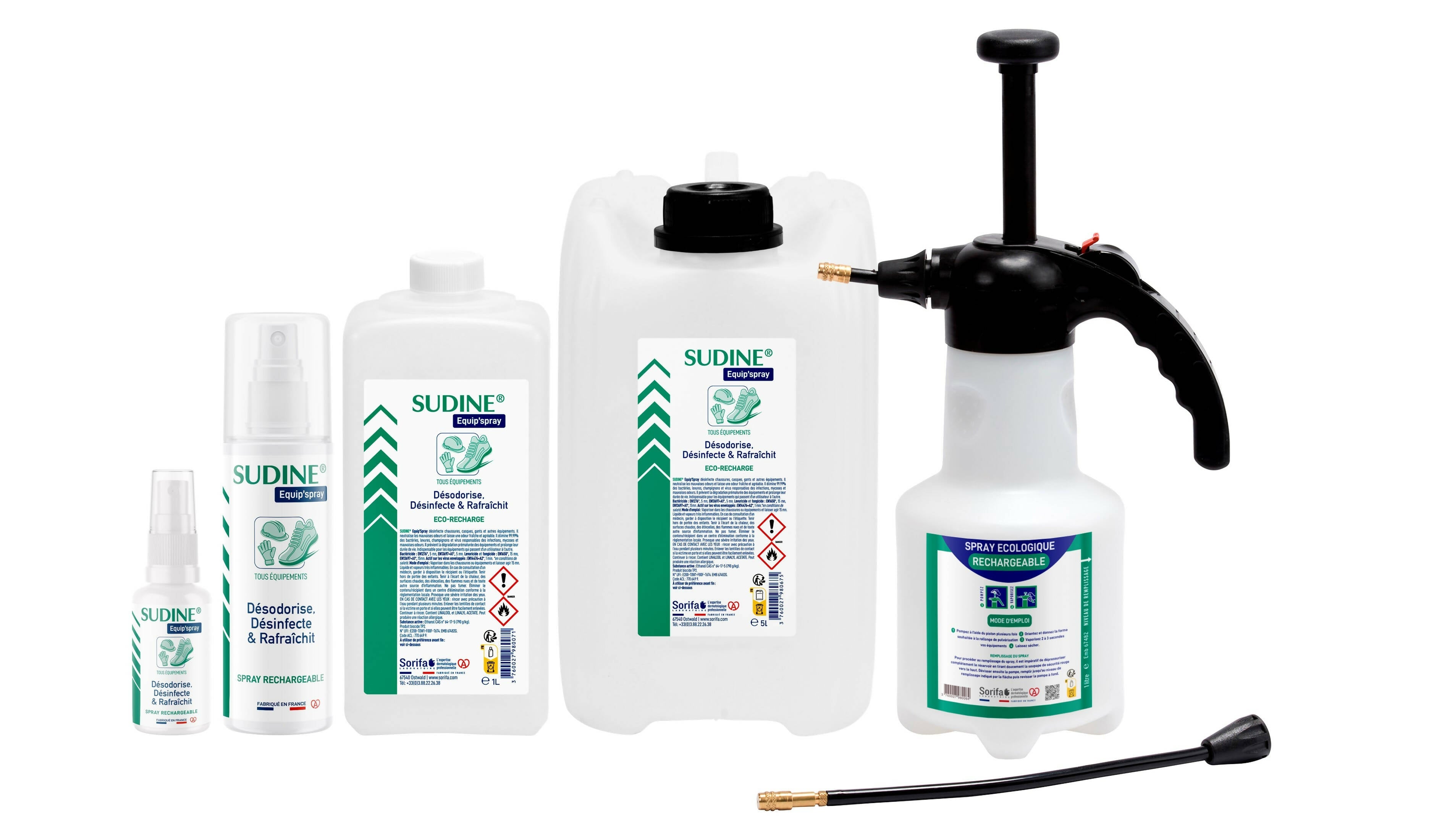SORIFA - 2er-Set - Sudine Equip'spray - Desodoriert, desinfiziert, erfrischt - Schuhe, Helme, Handschuhe, Ausrüstung - 1L-Nachfüllung für SUDINE Equip'spray 50 und 125 ml oder für das 1L SORIFA Spray