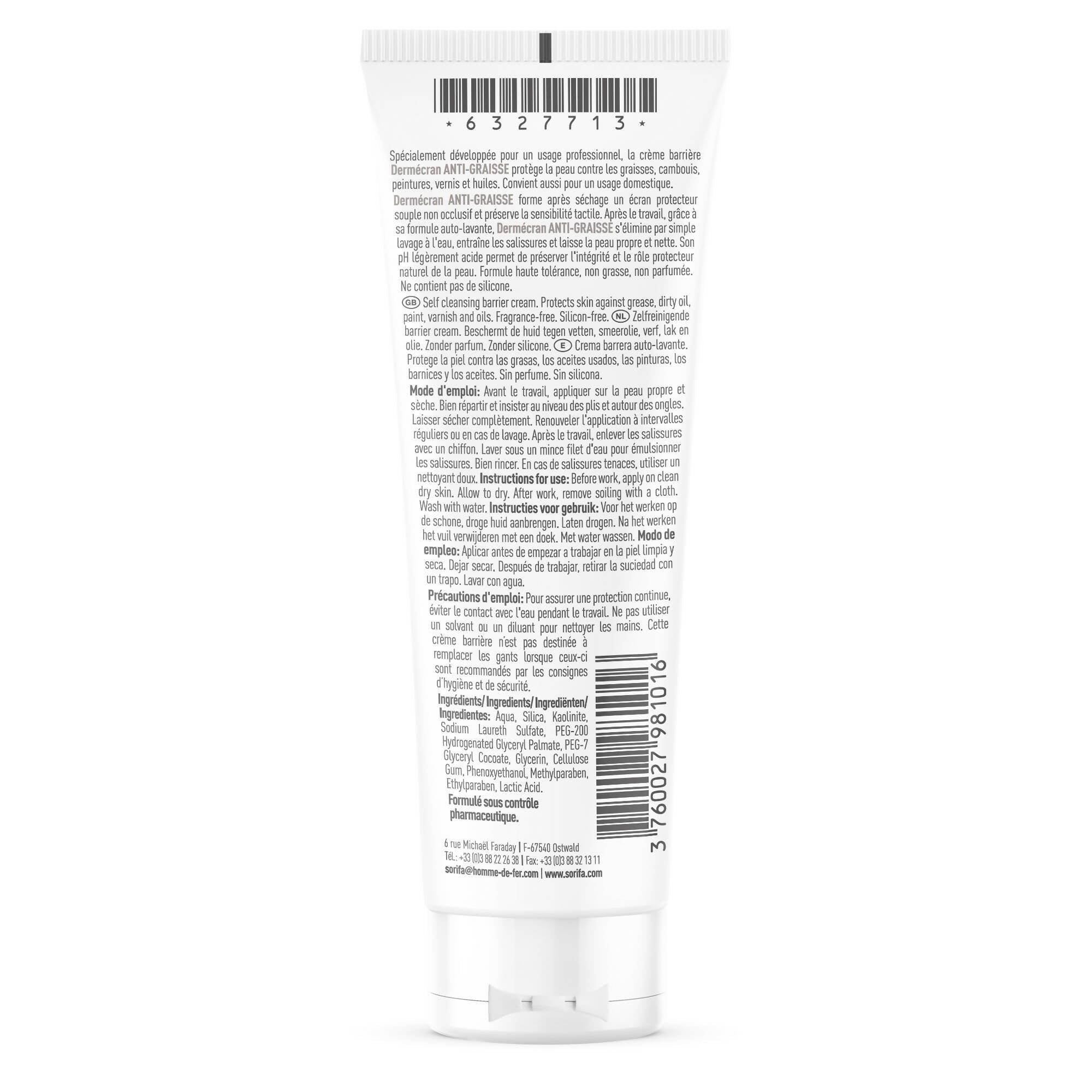 SORIFA - Dermécran - Crème Barrière - Protection ANTI-GRAISSES / Deltagrad - Mains, bras et corps – Haute tolérance - Sans parfum - Tube 125 ml. - 0