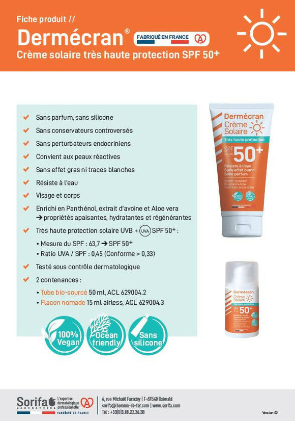 Sorifa - lot de 3 -dermécran - crème solaire spf50+ - visage et corps - formule vegan & ocean friendly - résiste à l'eau - pour toute la famille dès 3 ans - fabriquée en france - format pocket 15 ml