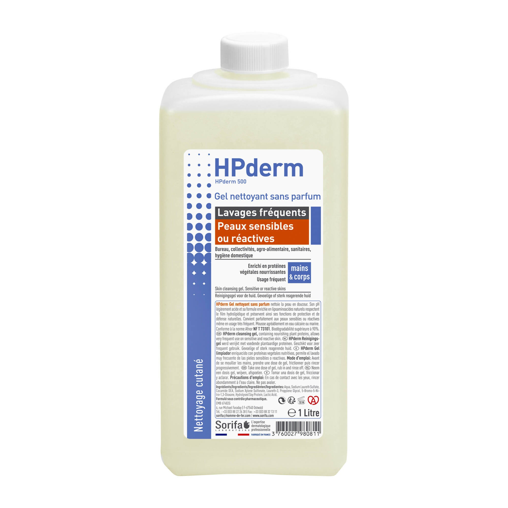 SORIFA - Carton complet de 12 - HPderm Gel nettoyant sans parfum - Lavages fréquents – Peaux sensibles ou réactives - Mains et corps - Aux protéines de soja protectrices - pH neutre, sans savon - Flacon 1L