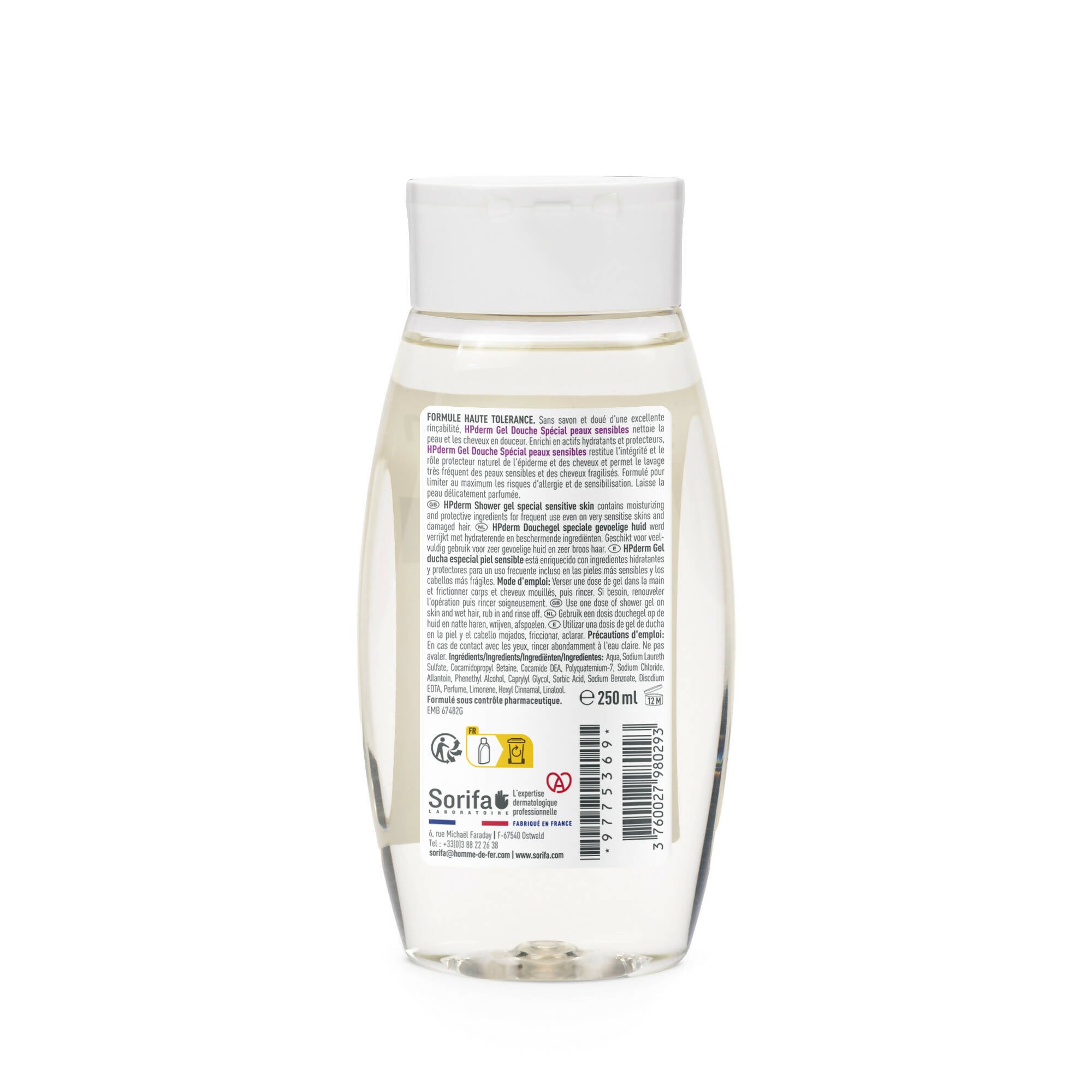 Sorifa - lot de 3 - hpderm gel douche haute tolerance - 2 en 1 corps et cheveux - spécial peaux sensibles peaux tatouées cheveux fragilisés - usage fréquent - ph neutre sans savon - flacon 250 ml