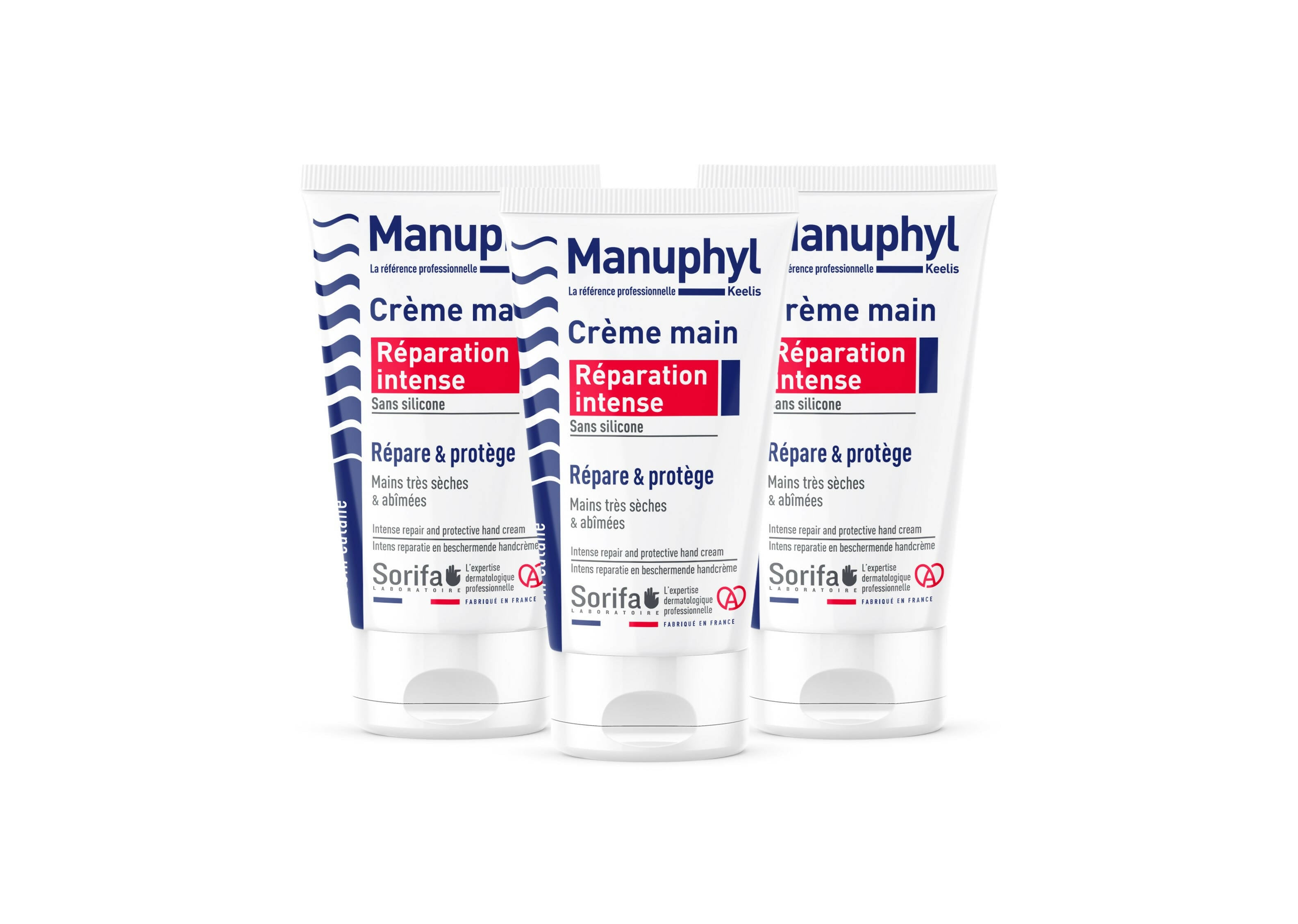 SORIFA - Lot de 3 - Manuphyl Crème main Réparation Intense / Keelis – Répare et protège – Mains très sèches et abîmées - Peu grasse, légèrement parfumée, enrichie en glycérine et protéines de blé - Tube 50 ml