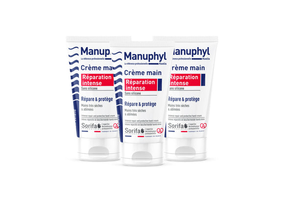 Sorifa - lot de 3 - manuphyl crème main réparation intense / keelis – répare et protège – mains très sèches et abîmées - peu grasse légèrement parfumée enrichie en glycérine et protéines de blé - tube 50 ml