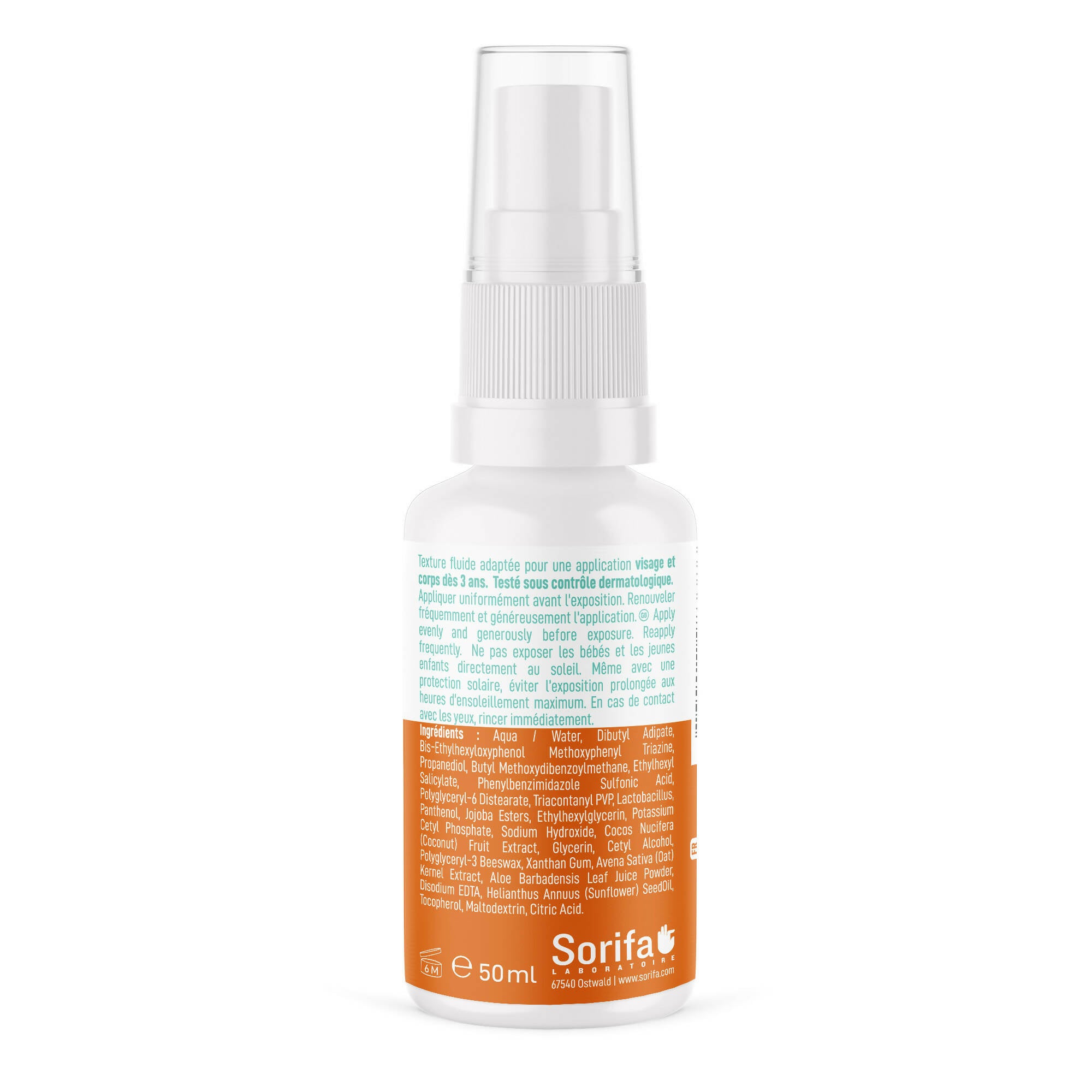 SORIFA - Dermscreen - SPF50+ sun spray - Face and body - Ocean Friendly formula - Water resistant - For the whole family from 3 years old - Made in France - 50 ml spray - 0
