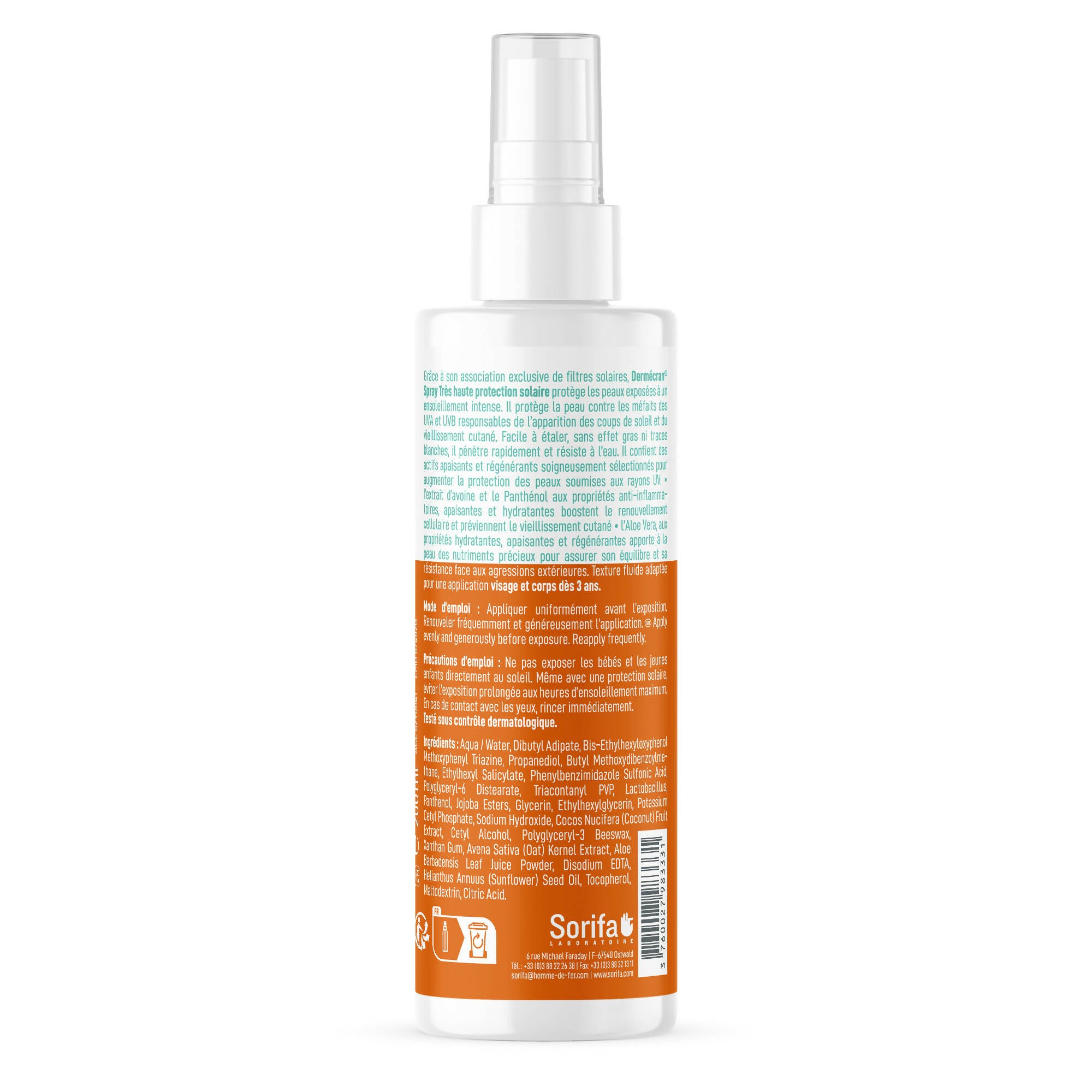 SORIFA - Dermscreen - SPF50+ sun spray - Face and body - Ocean Friendly formula - Water resistant - For the whole family from 3 years old - Made in France - 200 ml spray - 0