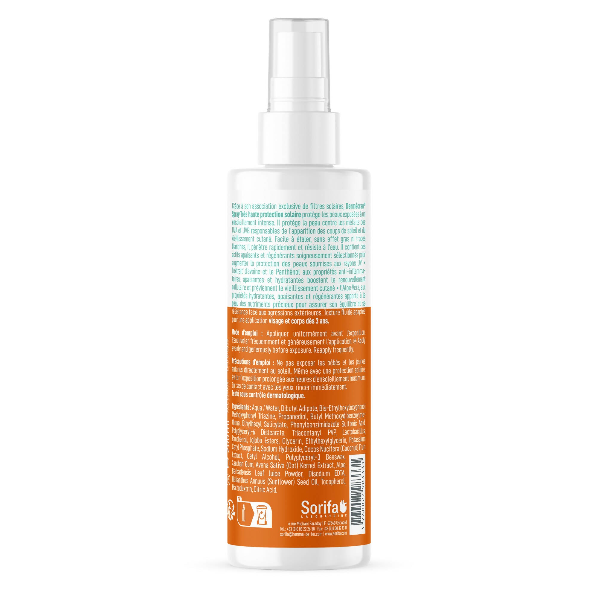 Sorifa - lot de 3 - dermécran - spray solaire spf50+ - visage et corps - formule ocean friendly - résiste à l'eau - pour toute la famille dès 3 ans - fabriquée en france - spray de 200 ml