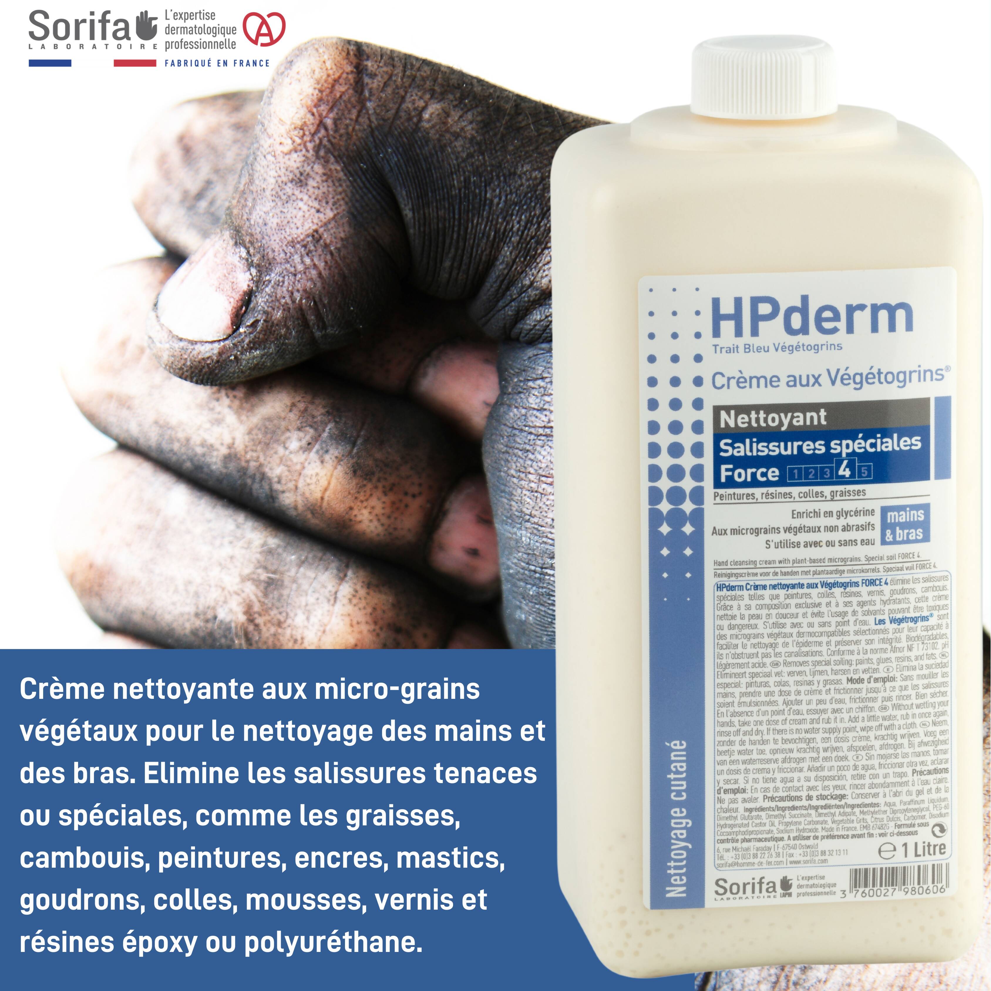 Sorifa - carton complet de 40 - hpderm crème nettoyante aux végétogrins force 4 - mains et bras – salissures spéciales – graisse peinture encre mastic goudron colle mousse - sans savon – tube 125 ml.