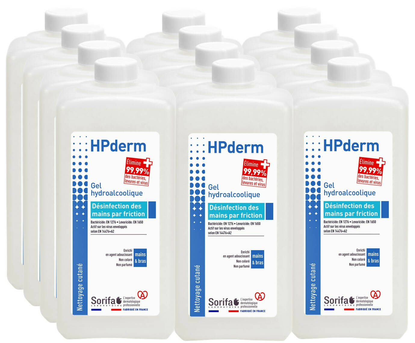 SORIFA – Complete box of 12 - HPderm Hydroalcoholic gel - Hand disinfection by friction - Hands, arms - Enriched with glycerin - Fragrance-free - 1L bottle