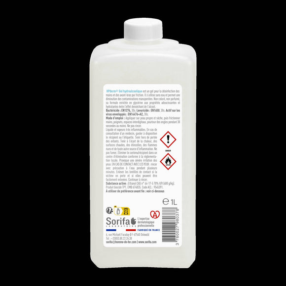 Sorifa – hpderm gel hydroalcoolique - désinfection des mains par friction - mains bras - enrichi en glycérine - sans parfum – flacon 1l - Clicktofournisseur.com