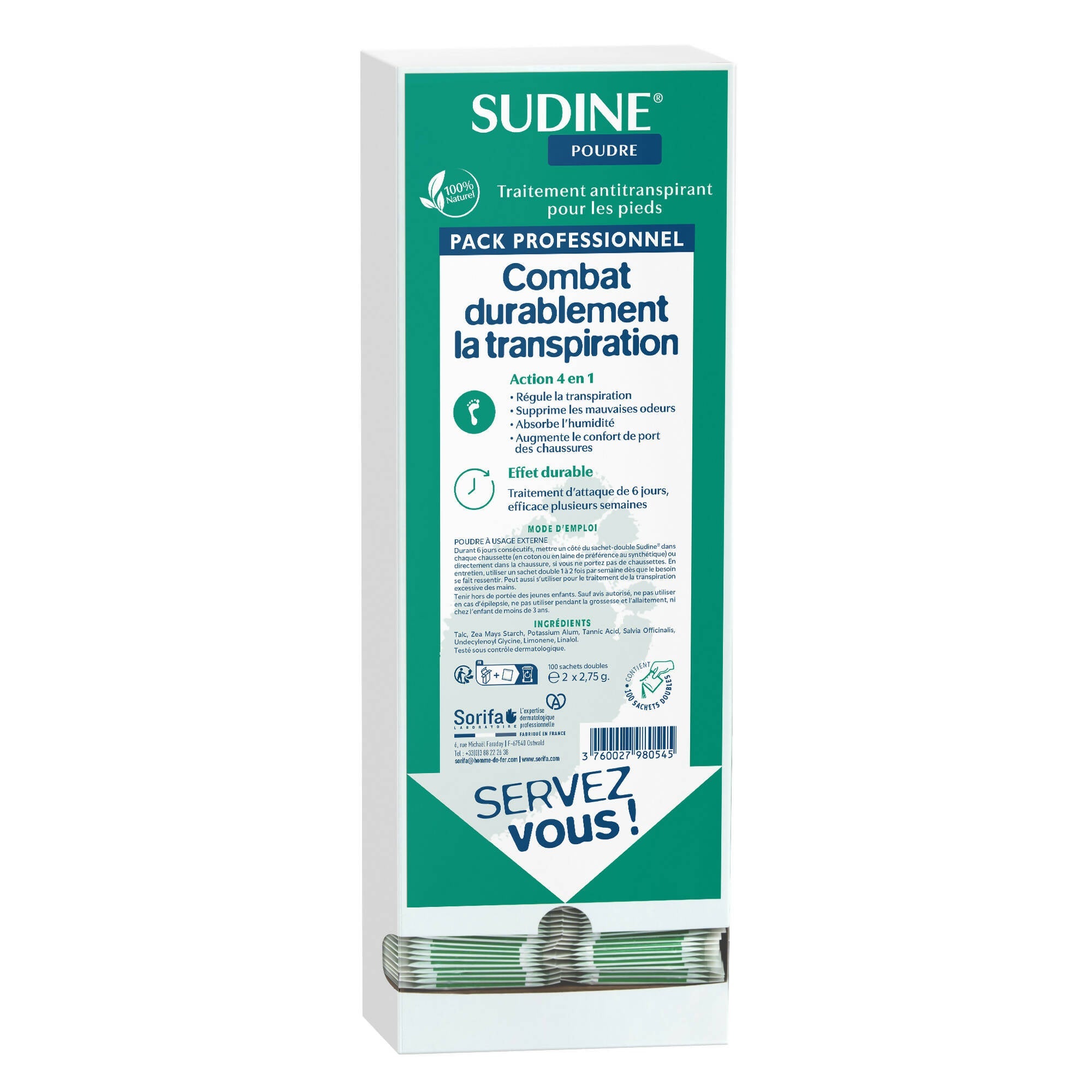 SORIFA - Set of 2 - Sudine Powder Antiperspirant Treatment - Foot - Regulates perspiration - Absorbs - Prevents mycoses - Without aluminum salts - Made in France - Box of 100 double sachets - 0