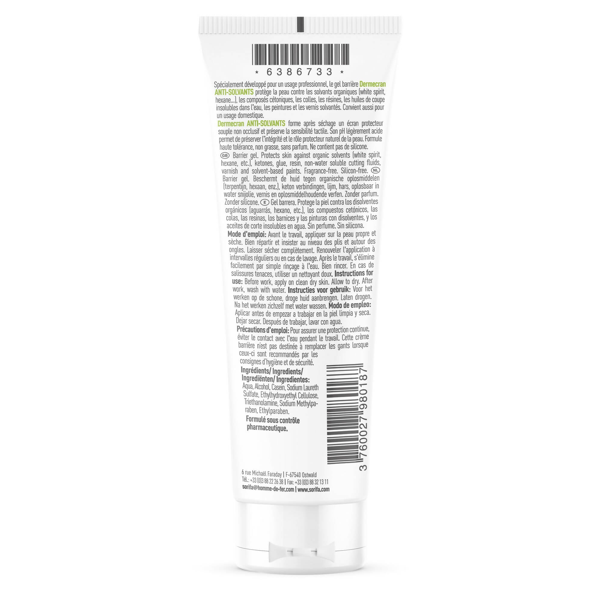 SORIFA - Dermécran – Gel barrière - Protection ANTI-SOLVANTS – Solvants, résines, colles, vernis – Mains, visage, corps – Formule haute tolérance - Sans parfum – Tube 125 ml. - 0