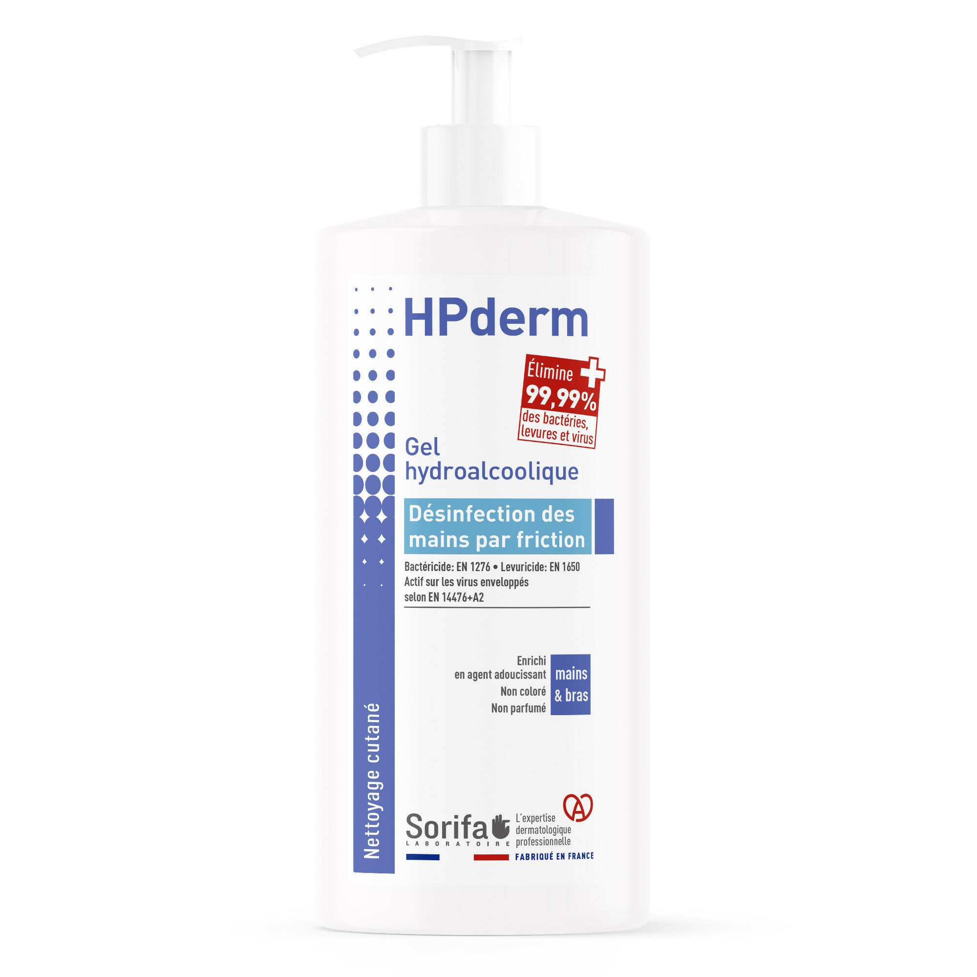 SORIFA - Complete box of 12 - HPderm Hydroalcoholic gel - Hand disinfection by friction - Hands, arms - Enriched with glycerin - Fragrance-free - 1L pump bottle