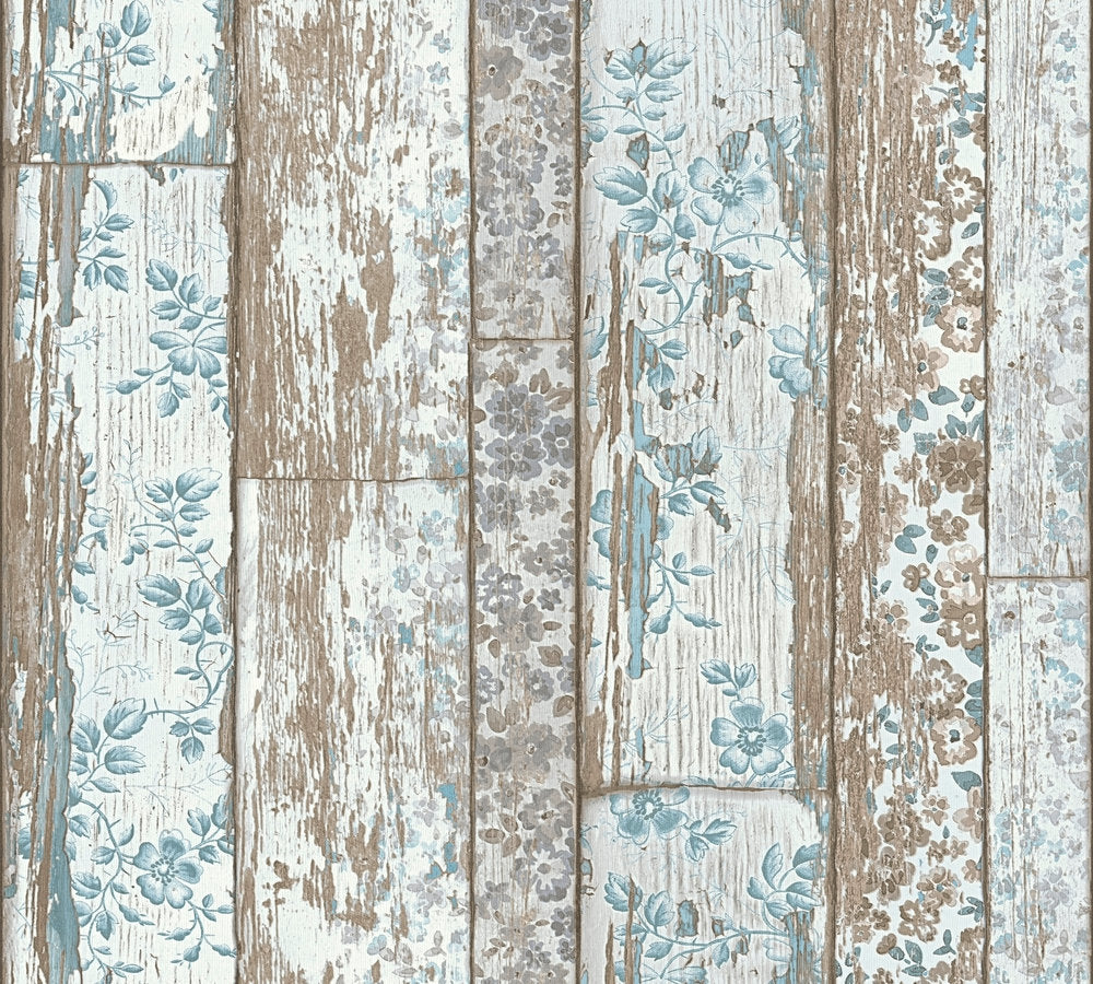Papier peint aspect bois Profhome 361191-GU papier peint intissé lisse avec des ornements floraux mat bleu brun 5,33 m2-1