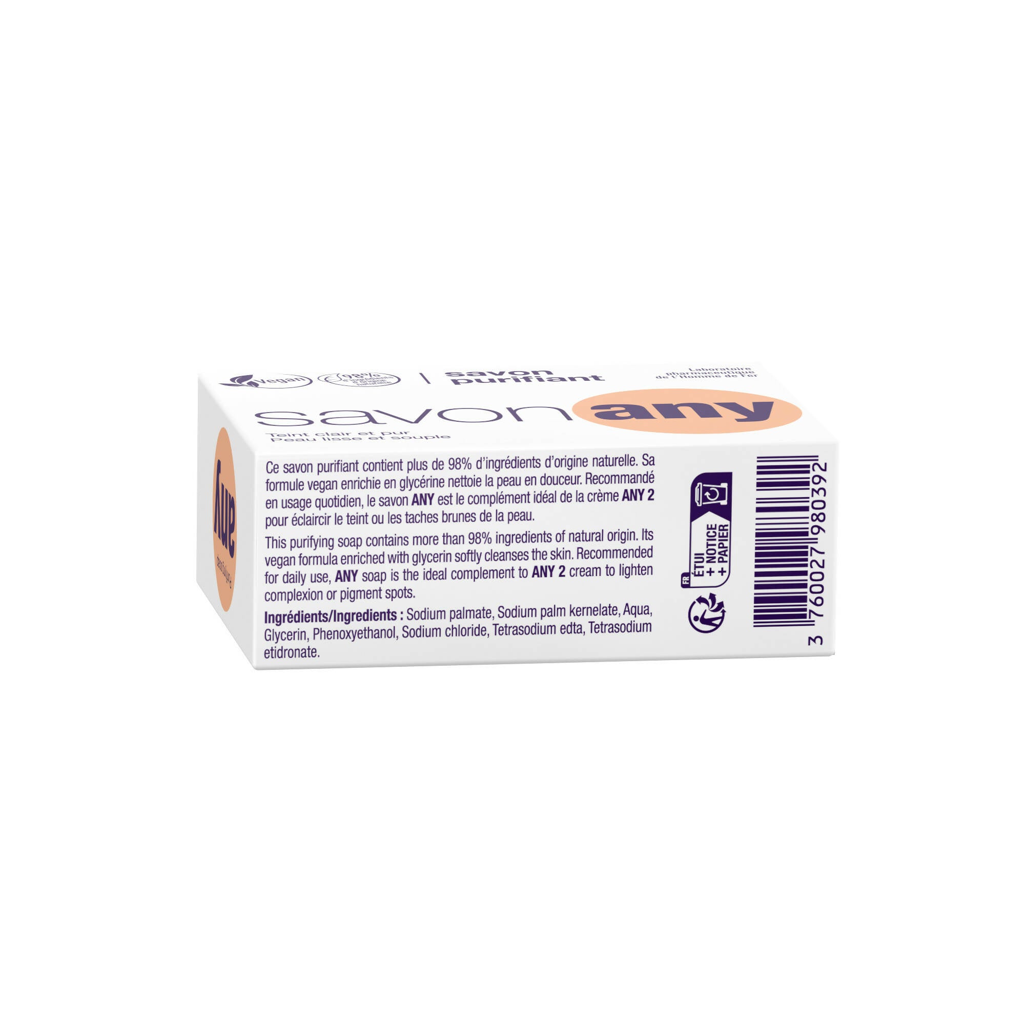 Homme de fer – carton complet de 48 - savon purifiant any – visage et corps – hygiène quotidienne - peaux à problèmes – peaux pigmentées – base lavante 100% végétale - sans parfum - pain 100 gr.