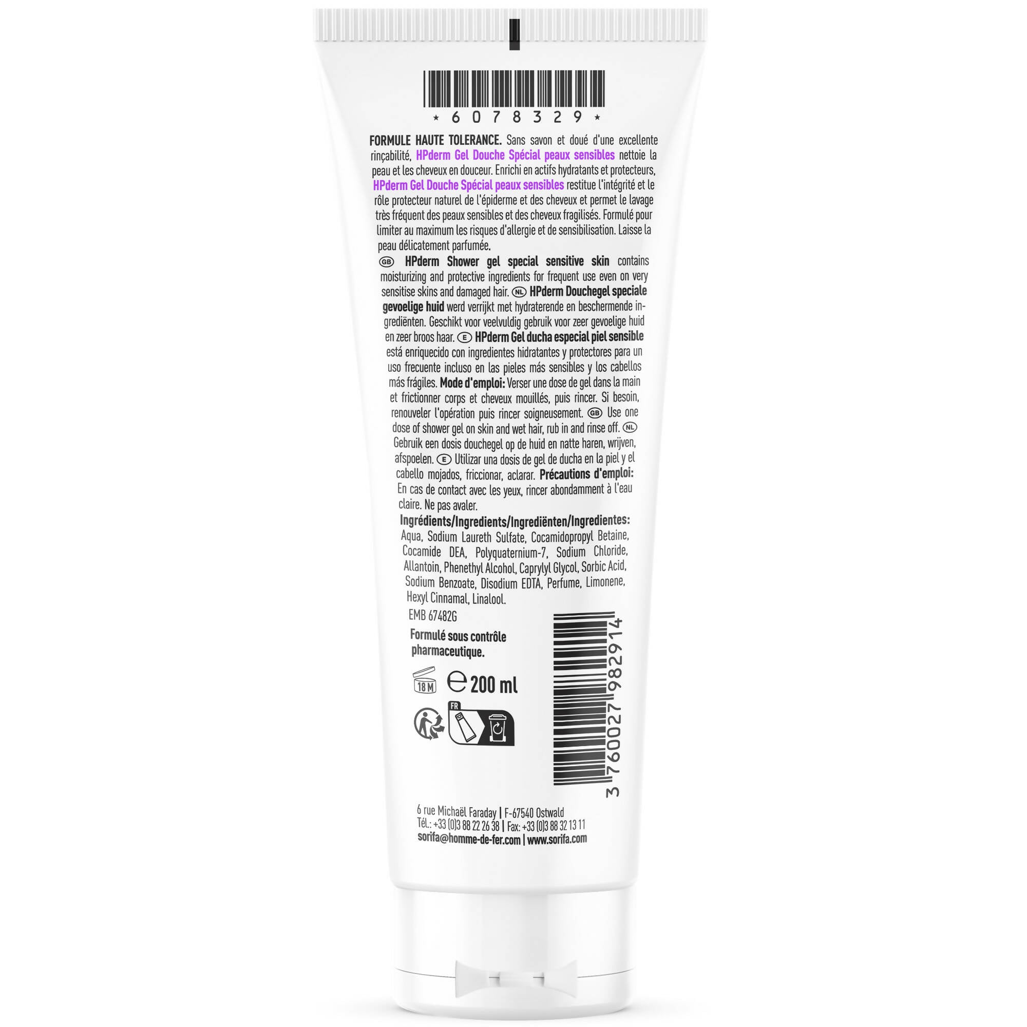 SORIFA - Carton complet de 30 - HPderm Gel douche HAUTE TOLERANCE - 2 en 1 corps et cheveux - Spécial peaux sensibles, peaux tatouées, cheveux fragilisés - Usage fréquent - pH neutre, sans savon - Tube 200 ml