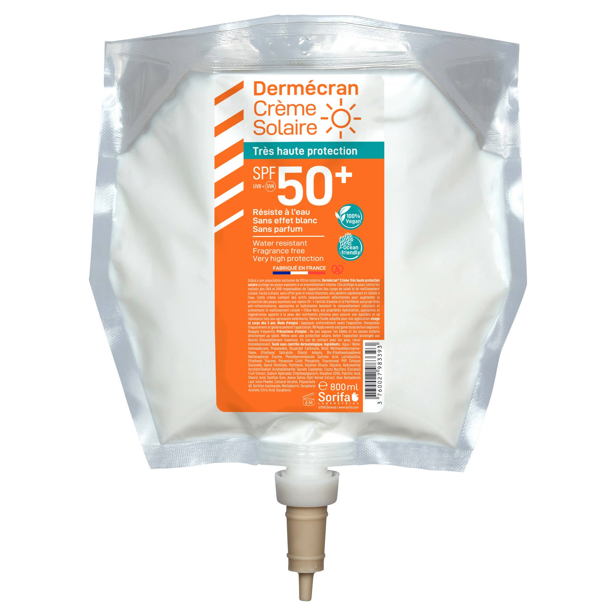 SORIFA - Lot de 1 distributeur SORIBAG + 1 poche 800 ml - Dermécran - Crème solaire SPF50+ - Visage et corps - Formule Vegan & Ocean Friendly - Résiste à l'eau - Dès 3 ans - Fabriquée en France - 0