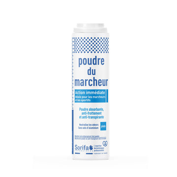 Sorifa - poudre du marcheur - anti-transpirante - absorbante - pieds – réduit la transpiration - elimine odeurs et mycoses - sans sels d’aluminium - fabriqué en france - poudreuse 100 gr - Clicktofournisseur.com