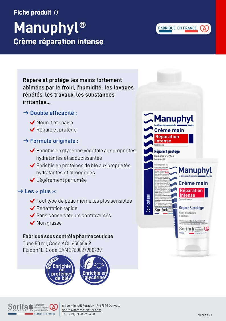 SORIFA - Manuphyl Crème mains Réparation Intense / Keelis – Répare et protège – Mains très sèches et abîmées - Peu grasse, légèrement parfumée, enrichie en glycérine et protéines de blé - Flacon 1L - 0