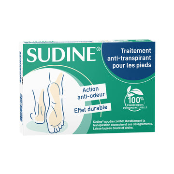 Sorifa - sudine poudre traitement anti-transpirant - pied - régule la transpiration - absorbe - prévient les mycoses - sans sels d’aluminium - fabriqué en france - boite 6 sachets-doubles - Clicktofournisseur.com