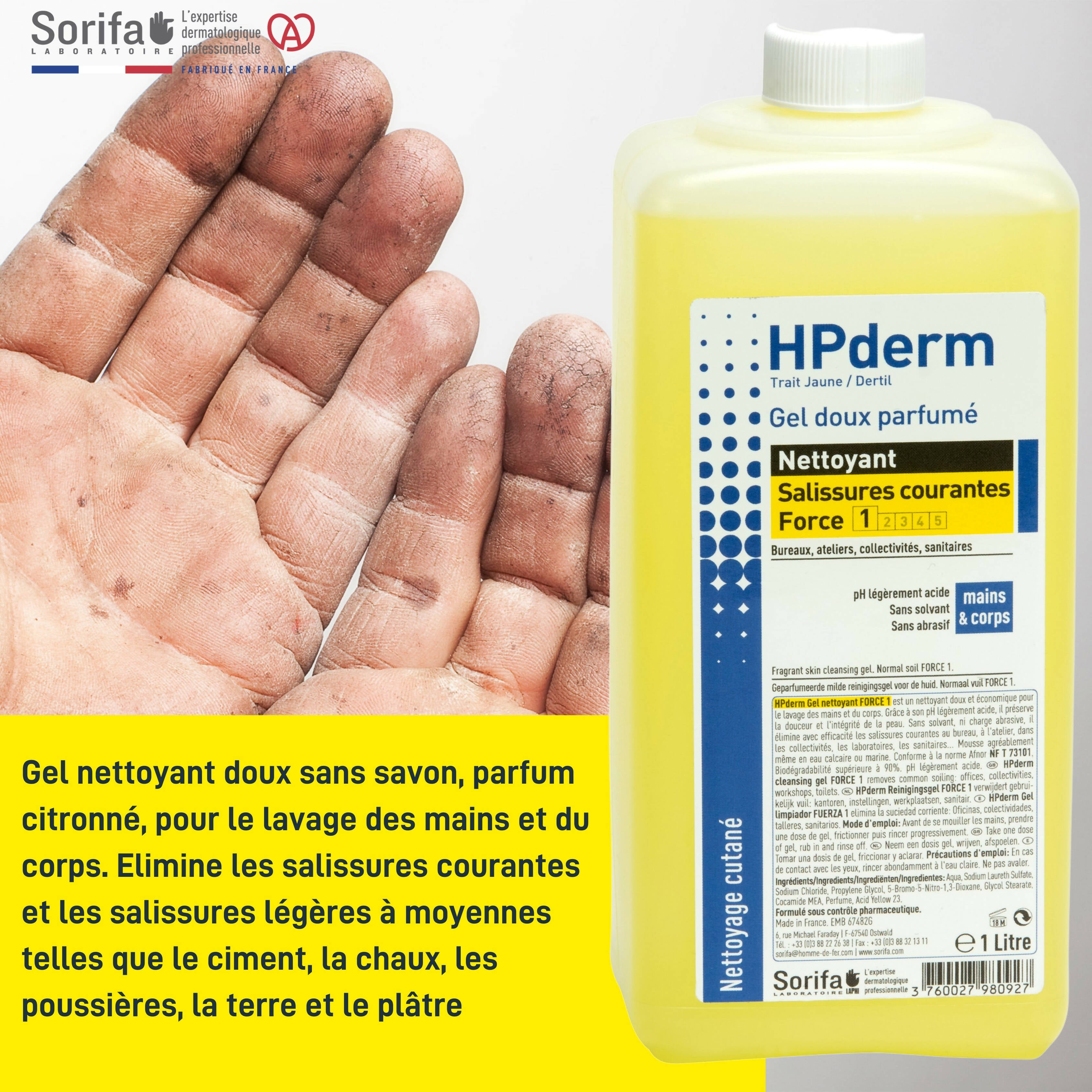 SORIFA - Carton complet de 4 - HPderm Gel nettoyant doux parfumé – Force 1 - Mains et corps – Salissures courantes - Bureaux, ateliers, collectivités, sanitaires – Parfum citron -Sans savon - Bidon 5L.