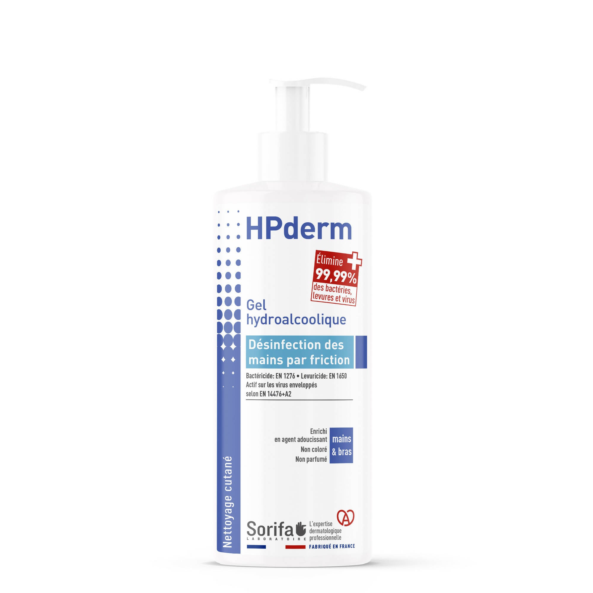 SORIFA – HPderm Gel hydroalcoolique - Désinfection des mains par friction - Mains, bras - Enrichi en glycérine - Sans parfum – Flacon pompe 500 ml