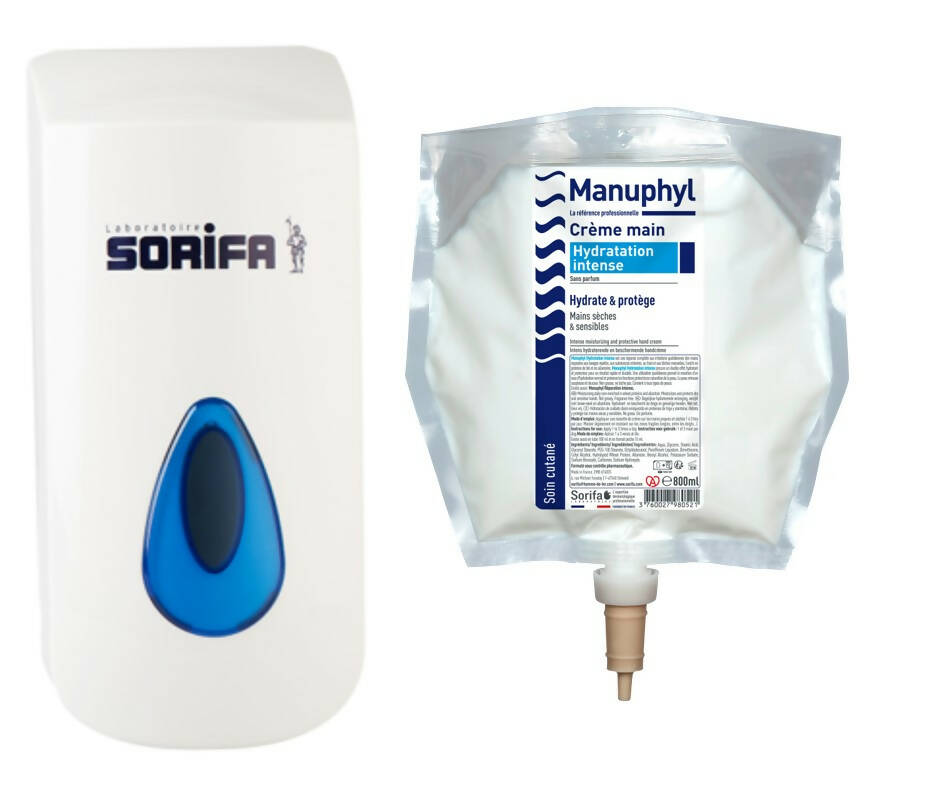 SORIFA - Manuphyl Intense Hydration Hand Cream - Moisturizing and protective - Dry and sensitive hands - Non-greasy, fragrance-free, enriched with Allantoin and wheat proteins - 800 ml bag for SORIBAG dispenser - 0
