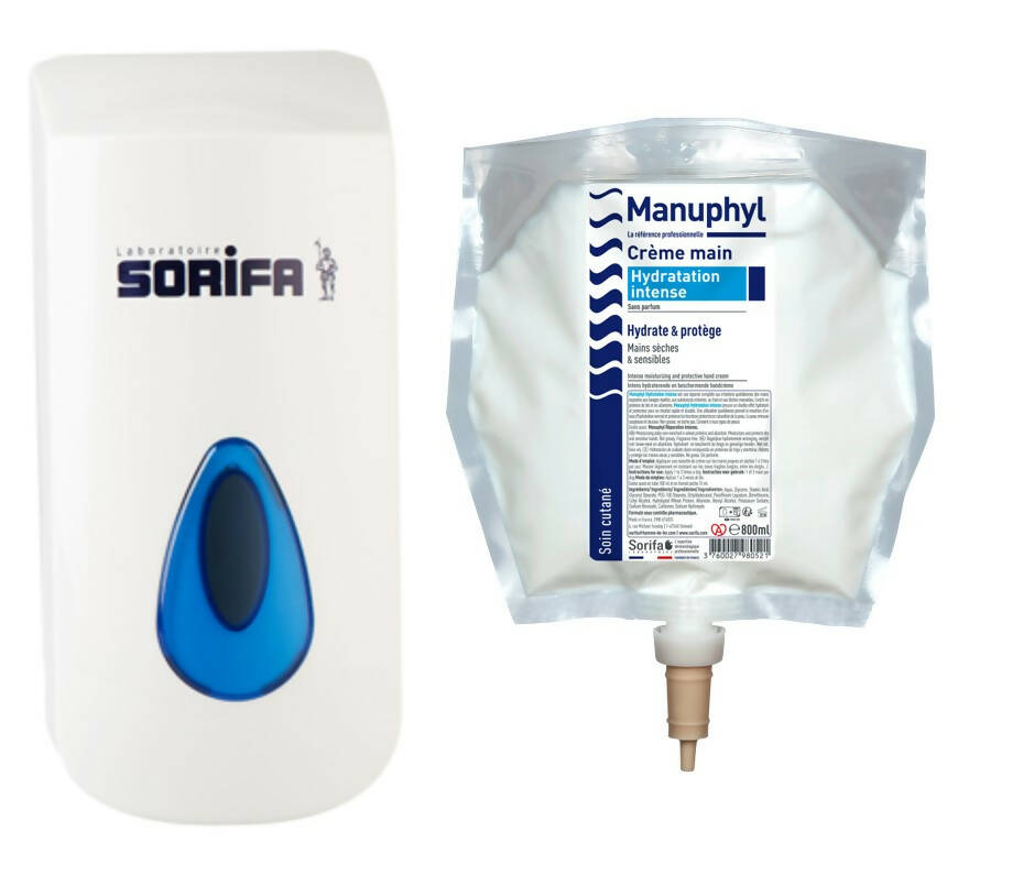Sorifa - manuphyl crème mains hydratation intense - hydratante et protectrice - mains sèches et sensibles - non grasse sans parfum enrichie en allantoine et protéines de blé - poche 800 ml pour distributeur soribag