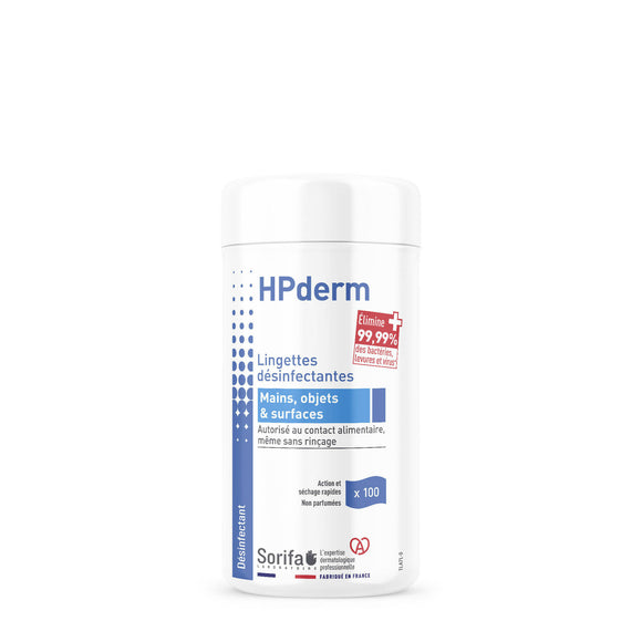 Sorifa – carton complet de 12 - hpderm lingettes désinfectantes - désinfection des mains surfaces objets et dispositifs de classe 1 - autorisé au contact alimentaire sans rinçage - boite de 100 lingettes