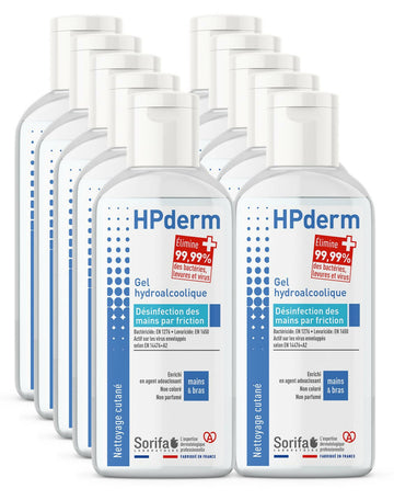 Sorifa - lot de 10 - hpderm gel hydroalcoolique pour la désinfection des mains - flacon 100 ml - Clicktofournisseur.com
