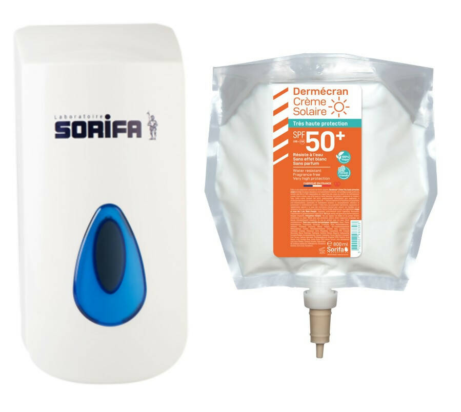 SORIFA - Lot de 1 distributeur SORIBAG + 1 poche 800 ml - Dermécran - Crème solaire SPF50+ - Visage et corps - Formule Vegan & Ocean Friendly - Résiste à l'eau - Dès 3 ans - Fabriquée en France