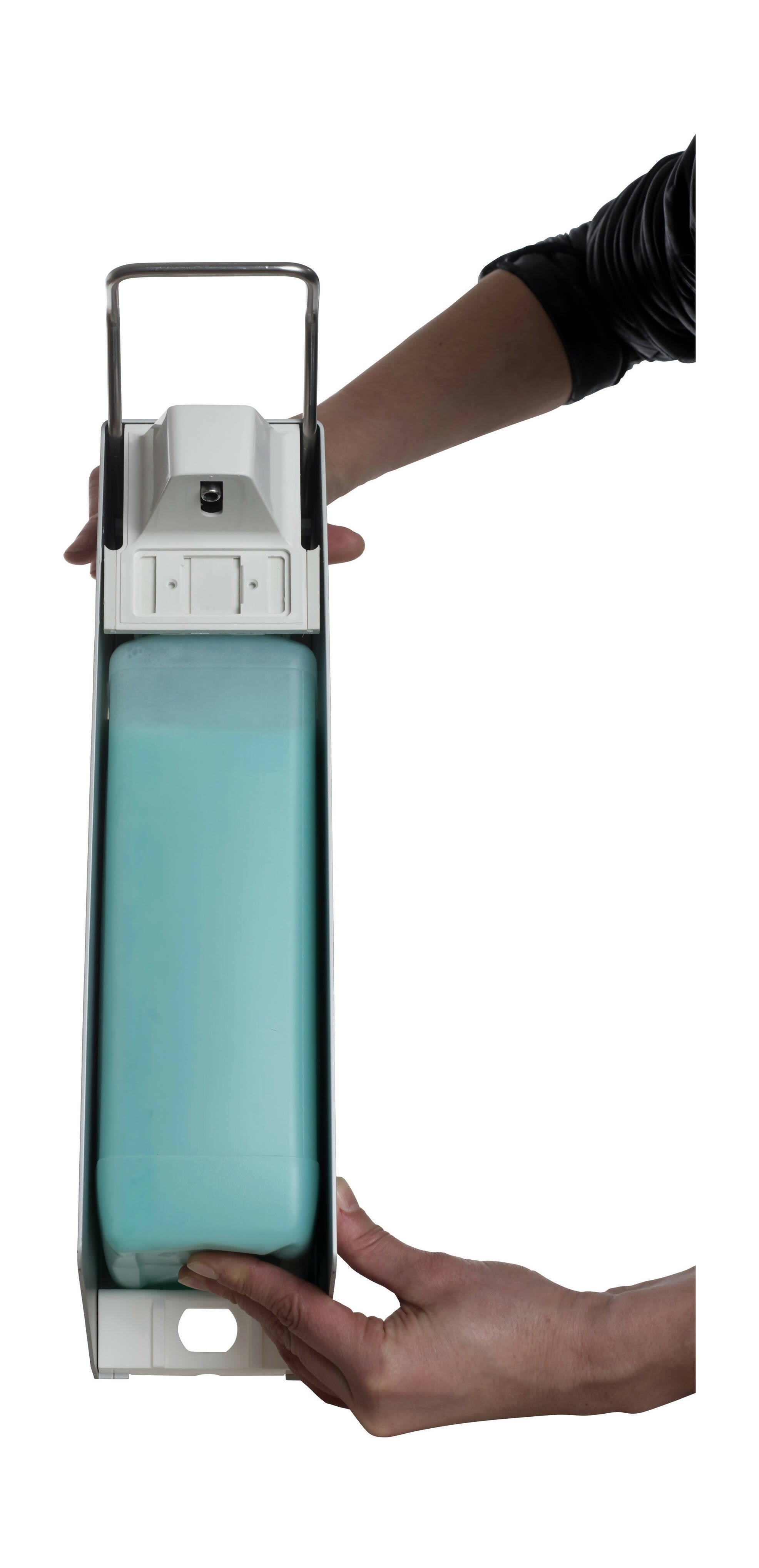 SORIFA – Robuster, ergonomischer, abschließbarer Wandspender aus Metall für 2,5L-Flasche der Marke SORIFA – Für Gele und Flüssigseifen.