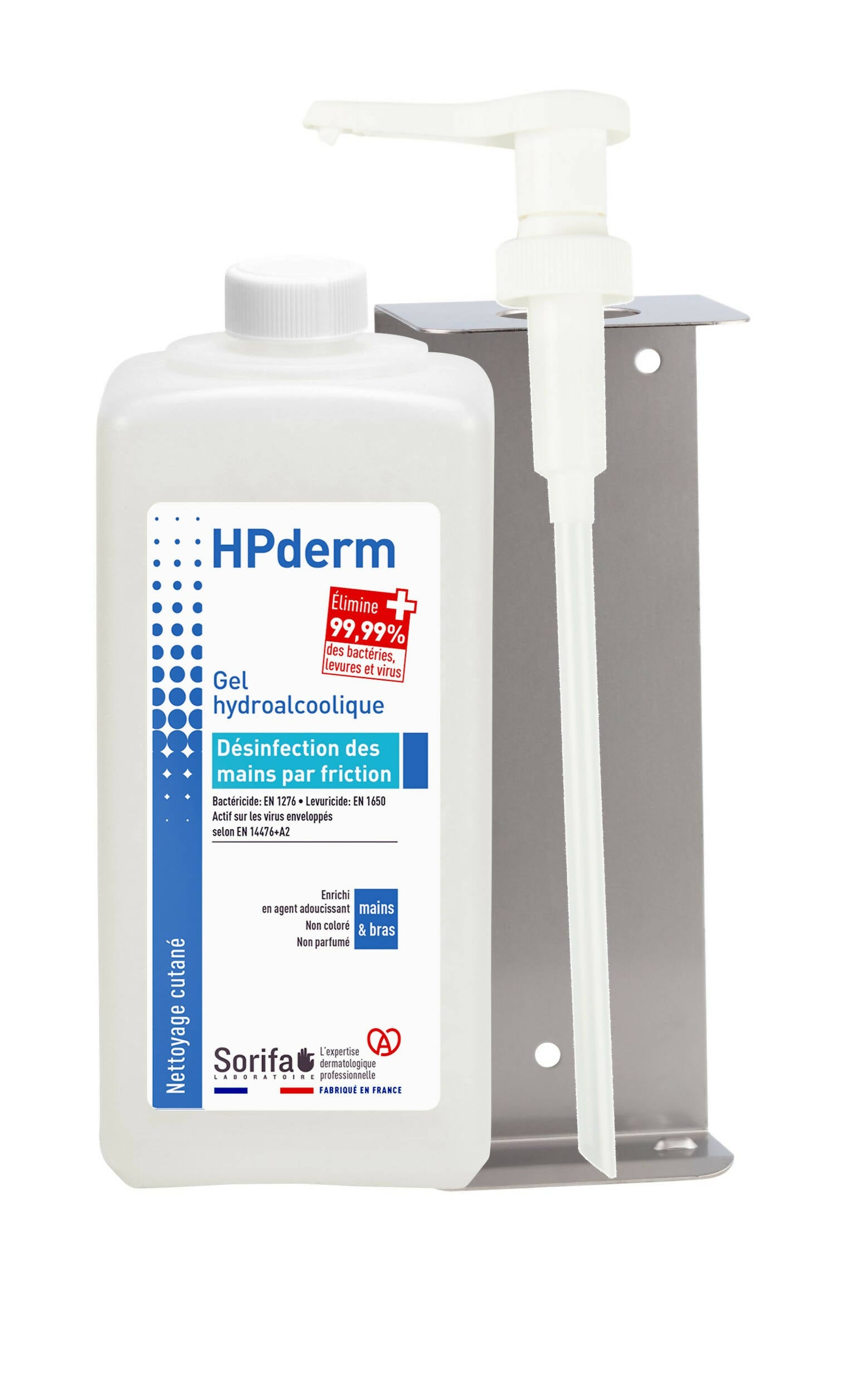 Sorifa – lot de 3 - hpderm gel hydroalcoolique - désinfection des mains par friction - mains bras - enrichi en glycérine - sans parfum – flacon 1l