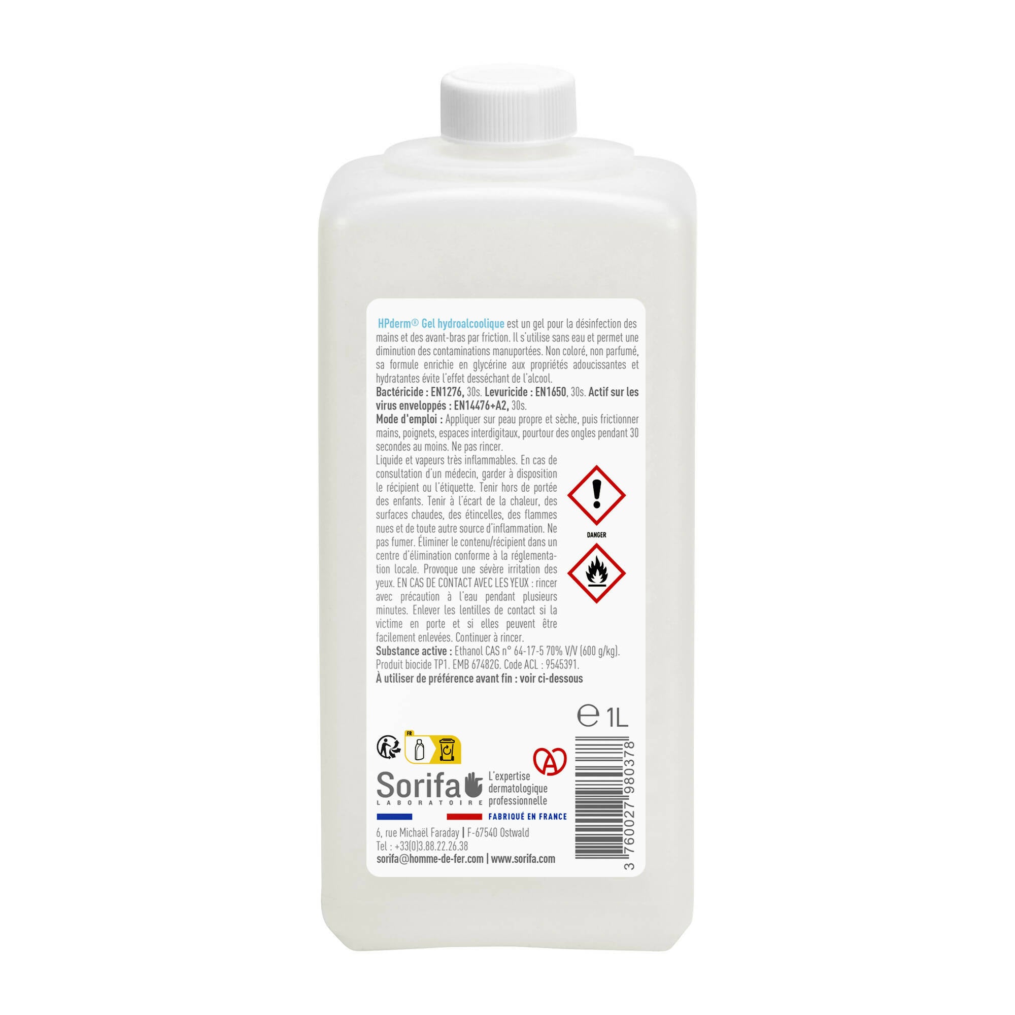 SORIFA – 3er-Set – Hydroalkoholisches HPderm-Gel – Händedesinfektion durch Reibung – Hände, Arme – Angereichert mit Glycerin – Ohne Duftstoffe – 1-Liter-Flasche