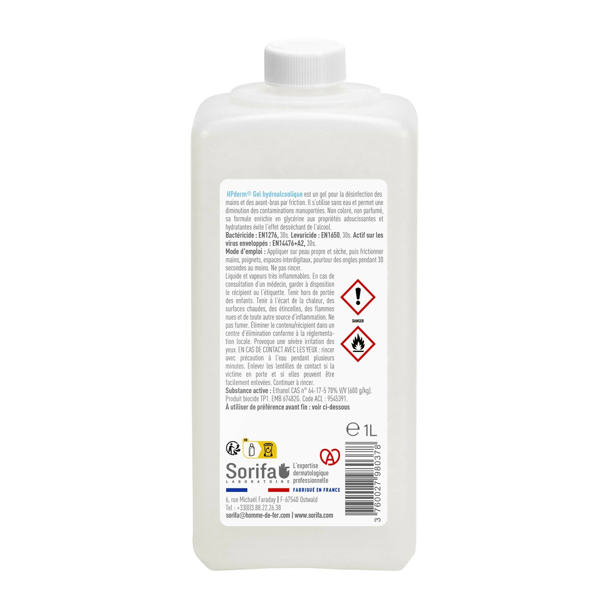SORIFA – Komplette Packung mit 12 Stück – Hydroalkoholisches HPderm-Gel – Händedesinfektion durch Reibung – Hände, Arme – Angereichert mit Glycerin – Ohne Duftstoffe – 1-Liter-Flasche