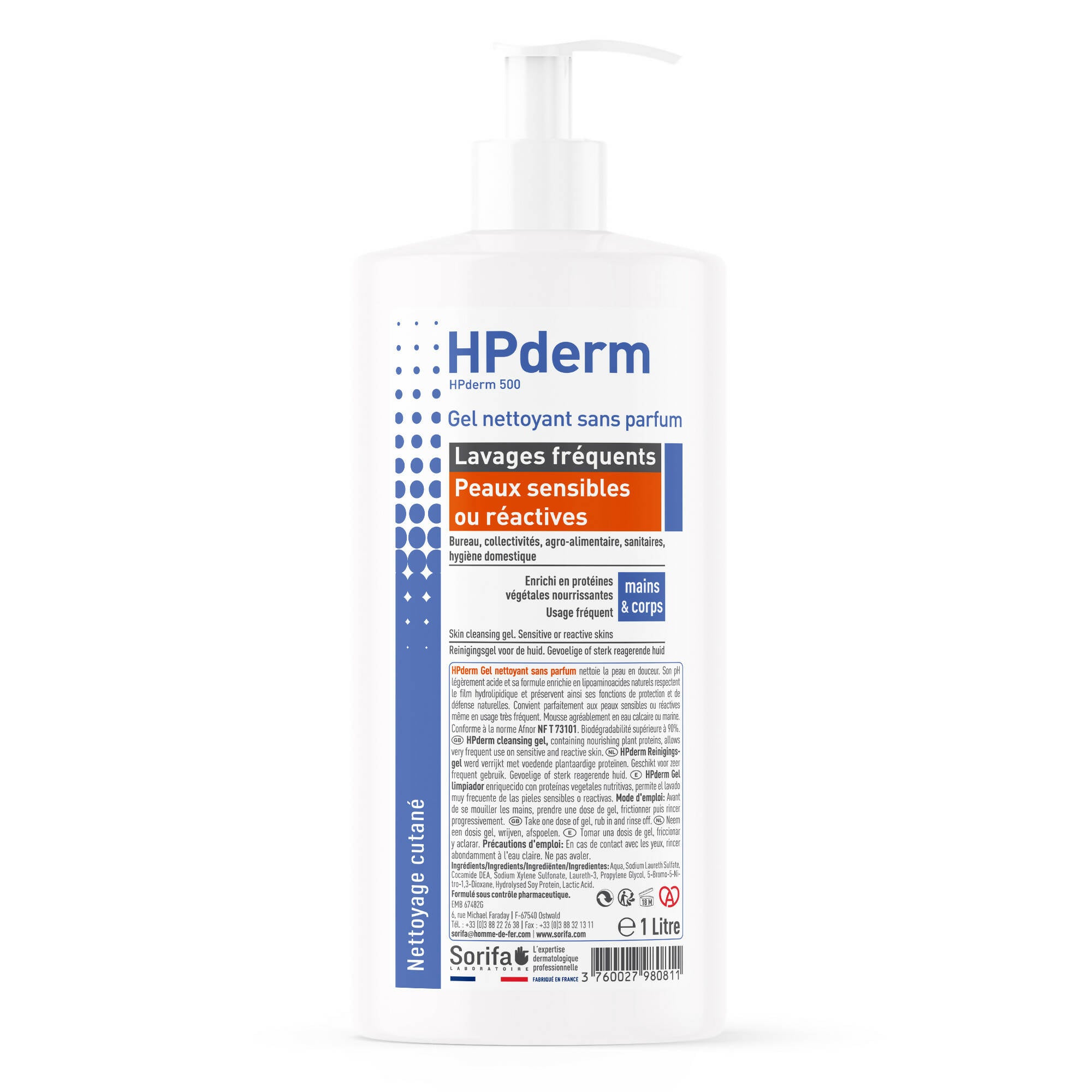 SORIFA – 3er-Set – parfümfreies HPderm-Reinigungsgel – häufiges Waschen – empfindliche oder reaktive Haut – Hände und Körper – mit schützenden Sojaproteinen – neutraler pH-Wert, seifenfrei – 1 l Pumpfl.