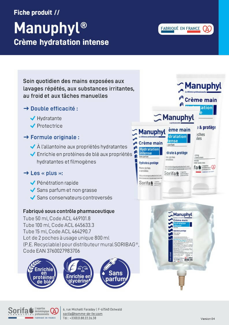 Sorifa - lot de 3 - manuphyl crème mains hydratation intense - hydratante et protectrice - mains sèches et sensibles - non grasse sans parfum enrichie en allantoine et protéines de blé - tube 50 ml