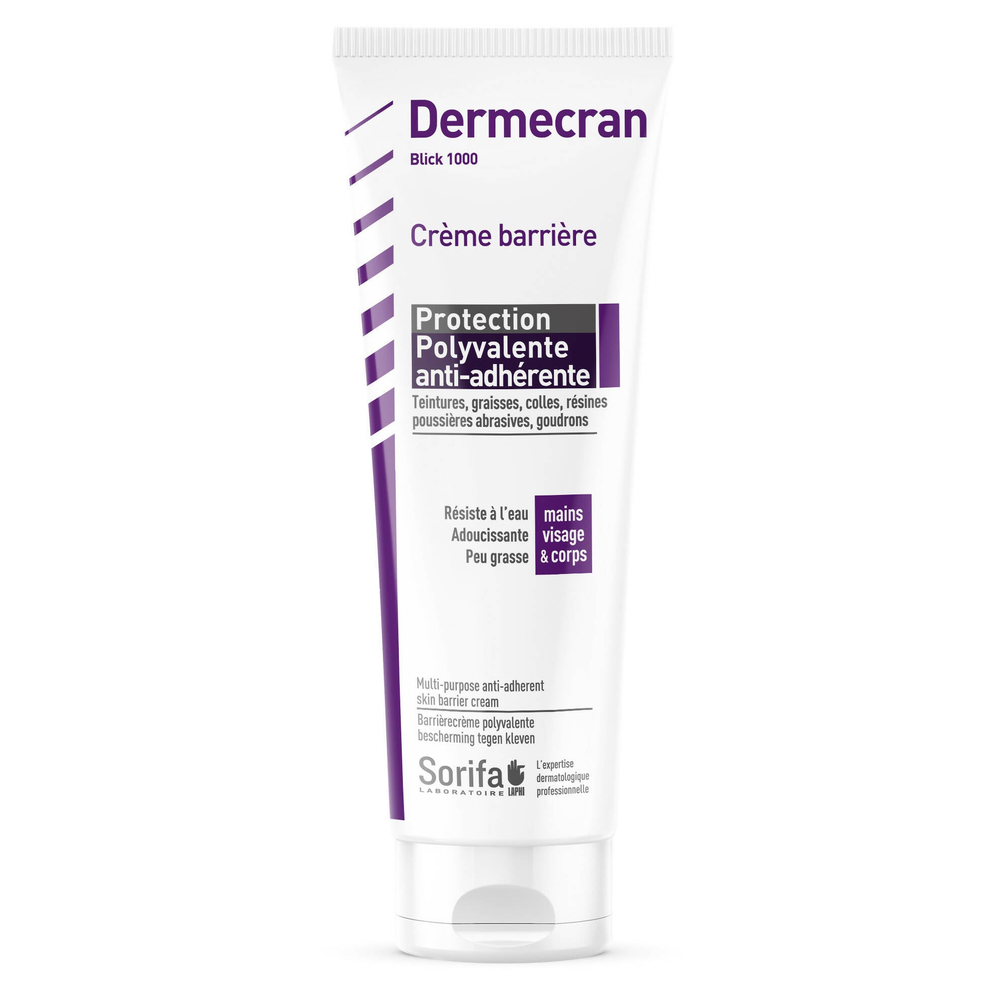 SORIFA - Dermécran - Crème Barrière - Protection polyvalente ANTI-ADHERENTE / Blick 1000 - Mains, visage et corps – Haute tolérance - Sans parfum -Tube 125 ml.