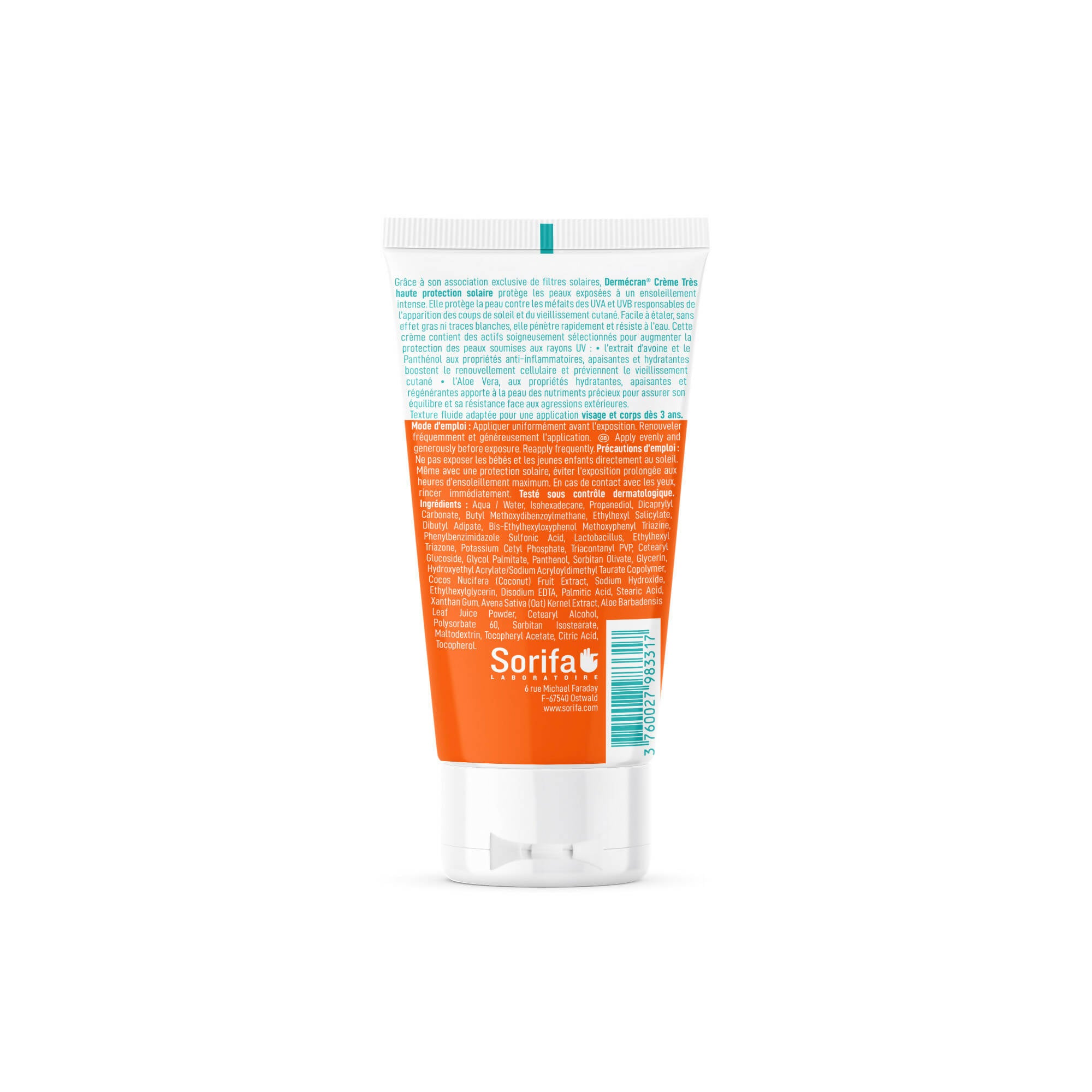 SORIFA - Dermscreen - SPF50+ sun cream - Face and body - Vegan &amp; Ocean Friendly formula - Water resistant - For the whole family from 3 years old - Made in France - 50 ml tube - 0