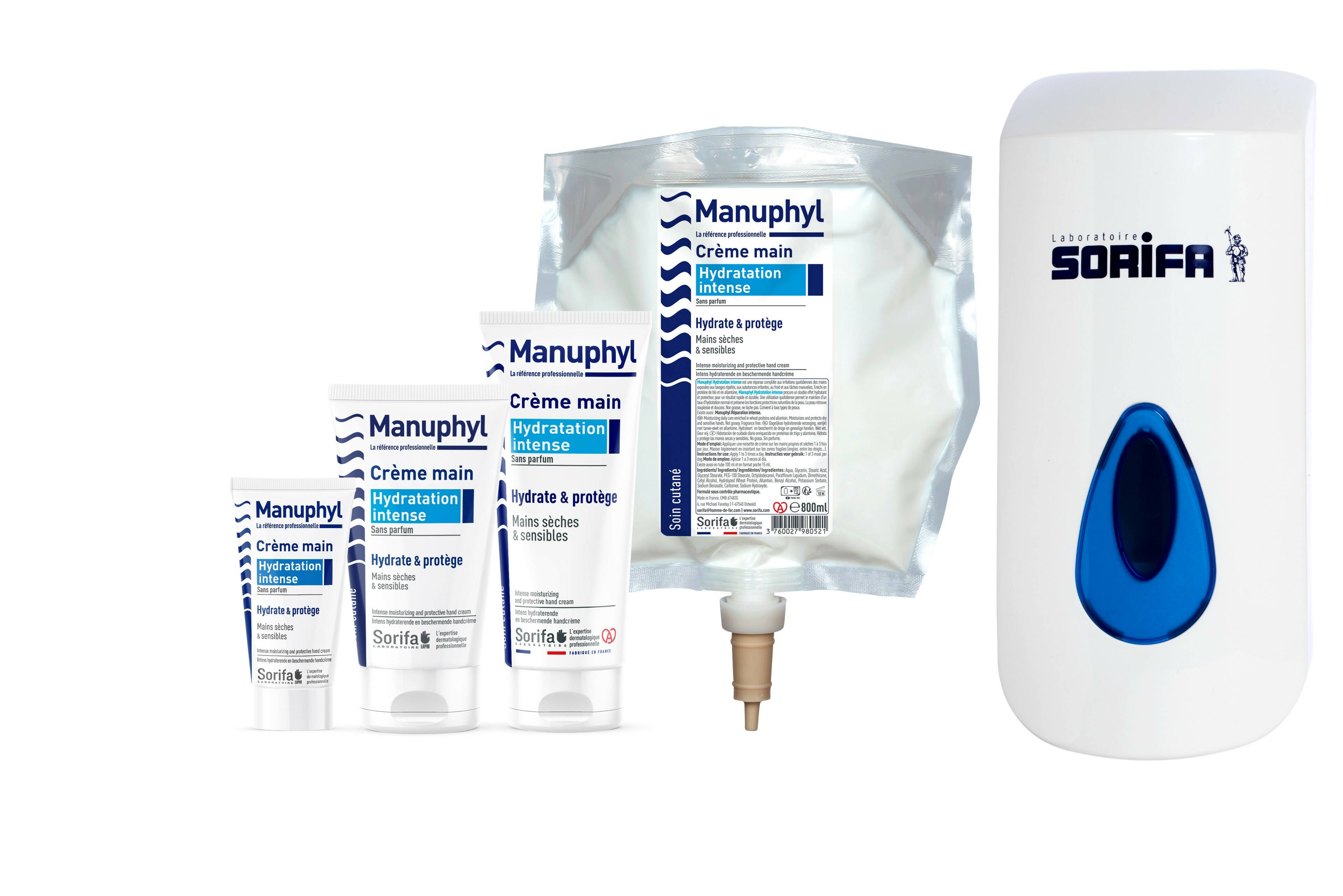 SORIFA - Lot de 3 - Manuphyl Crème mains Hydratation Intense - Hydratante et protectrice - Mains sèches et sensibles - Non grasse, sans parfum, enrichie en allantoine et protéines de blé - Tube 100 ml