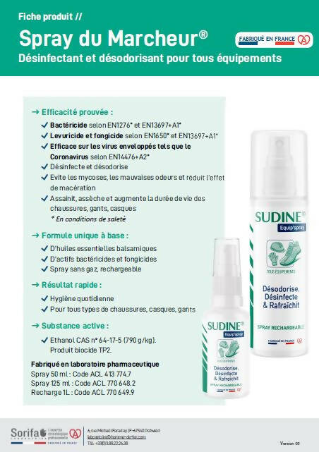 SORIFA - Sudine Equip'spray - Deodorizes, disinfects, refreshes - Shoes, helmets, gloves, equipment - Refillable spray - Gas-free - Made in France - 50 ml spray