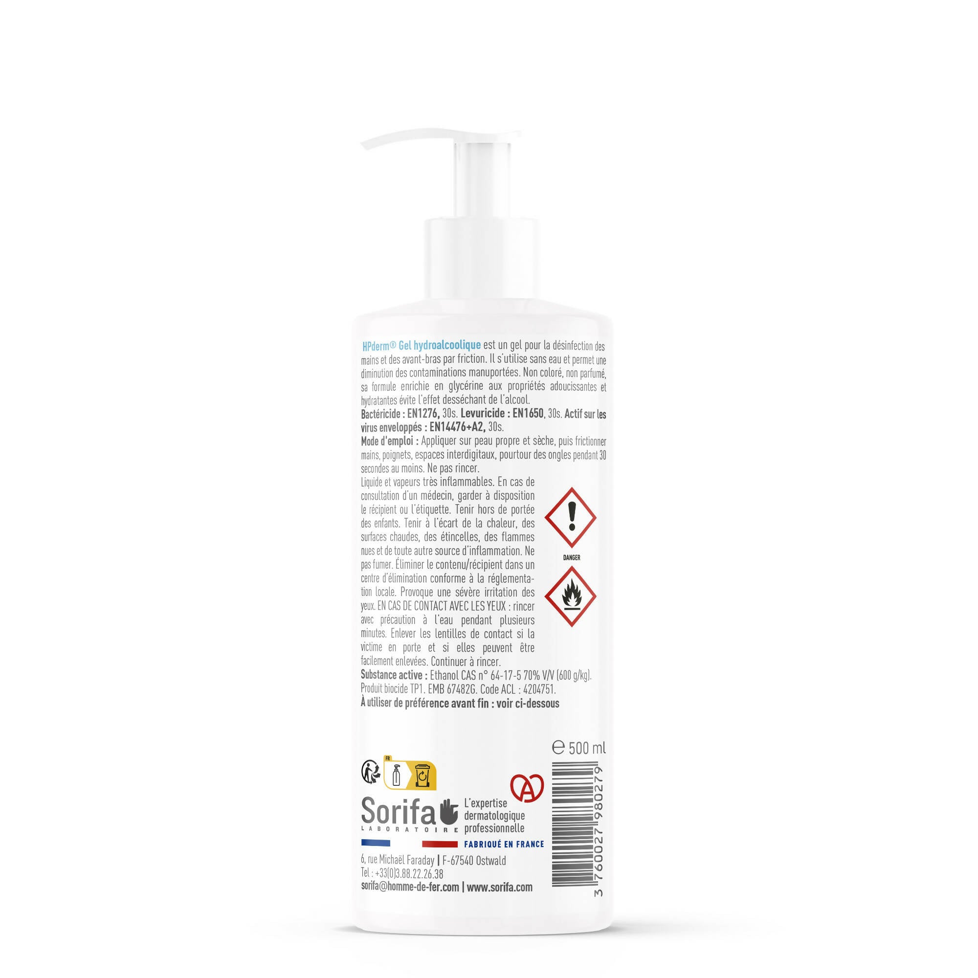 SORIFA – HPderm Gel hydroalcoolique - Désinfection des mains par friction - Mains, bras - Enrichi en glycérine - Sans parfum – Flacon pompe 500 ml - 0