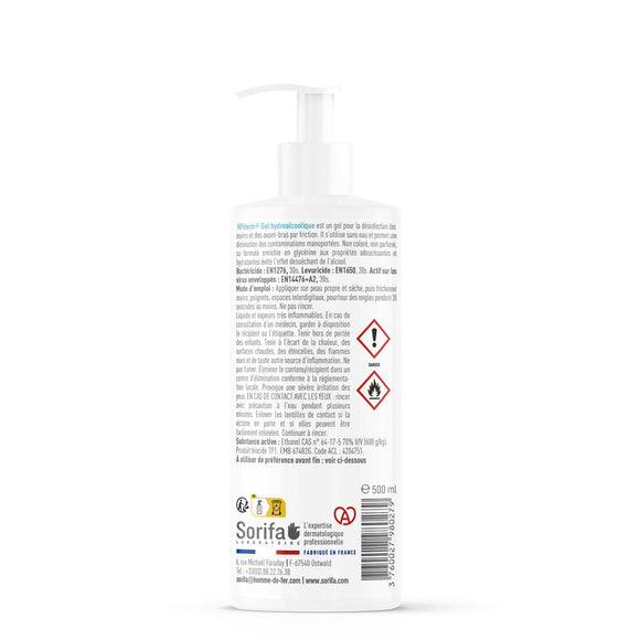 Sorifa – hpderm gel hydroalcoolique - désinfection des mains par friction - mains bras - enrichi en glycérine - sans parfum – flacon pompe 500 ml - Clicktofournisseur.com