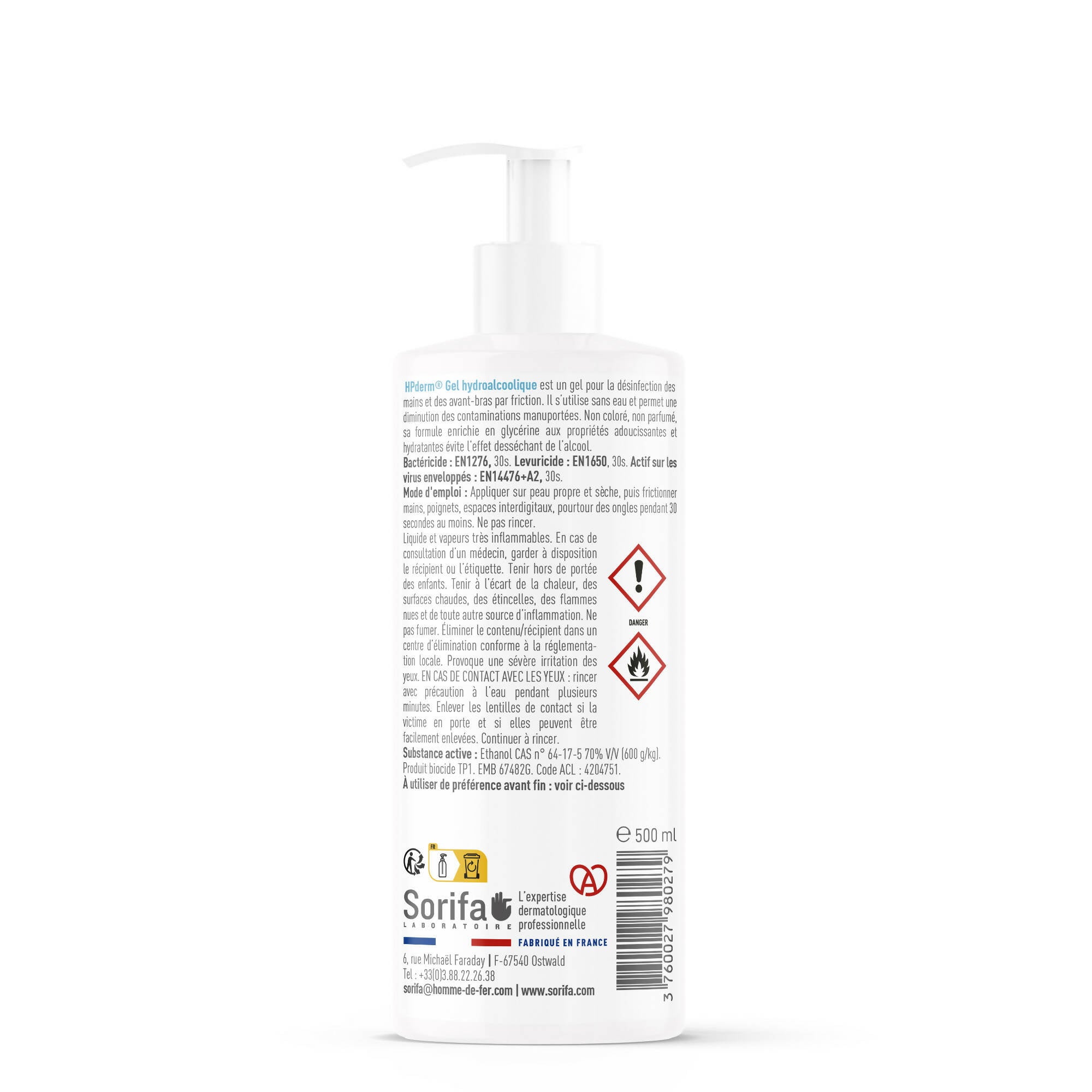 Sorifa – lot de 5 - hpderm gel hydroalcoolique - désinfection des mains par friction - mains bras - enrichi en glycérine - sans parfum – flacon pompe 500 ml