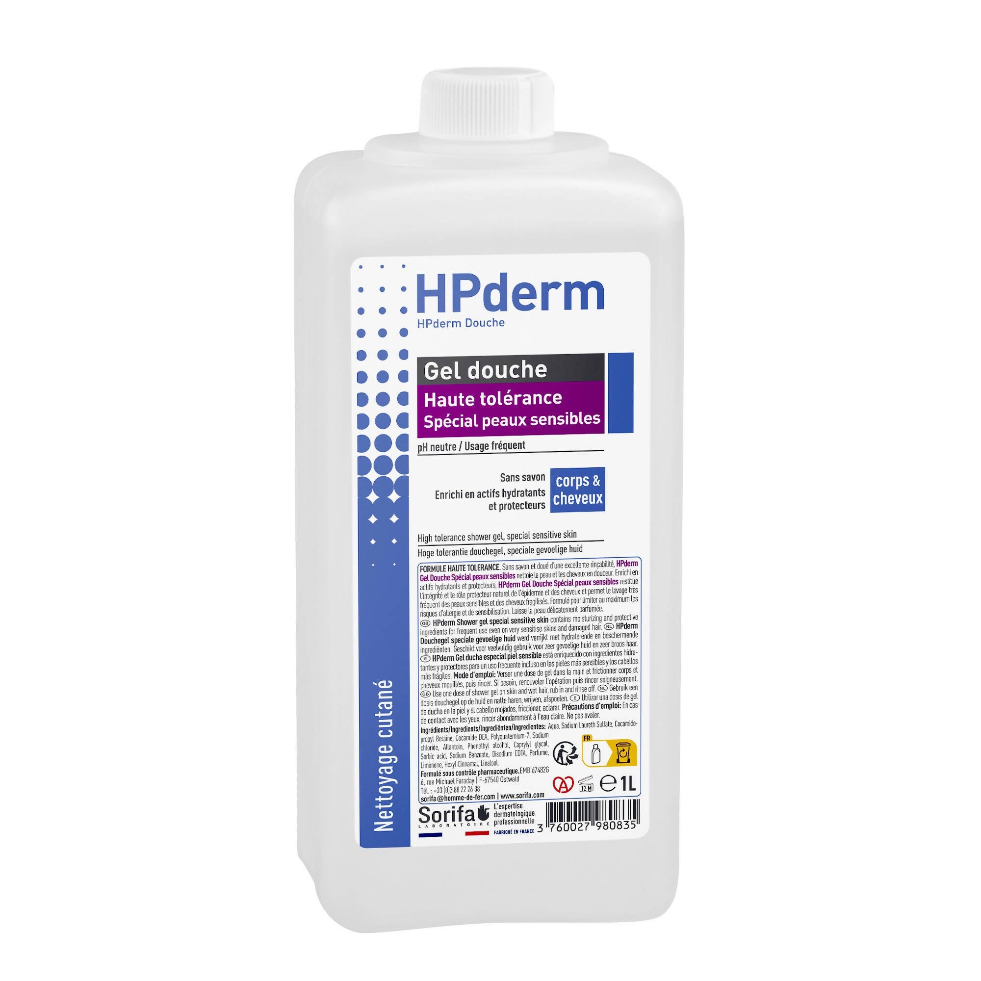 Sorifa - hpderm gel douche haute tolerance - 2 en 1 corps et cheveux - spécial peaux sensibles peaux tatouées cheveux fragilisés - usage fréquent - ph neutre sans savon - flacon 1l - Clicktofournisseur.com