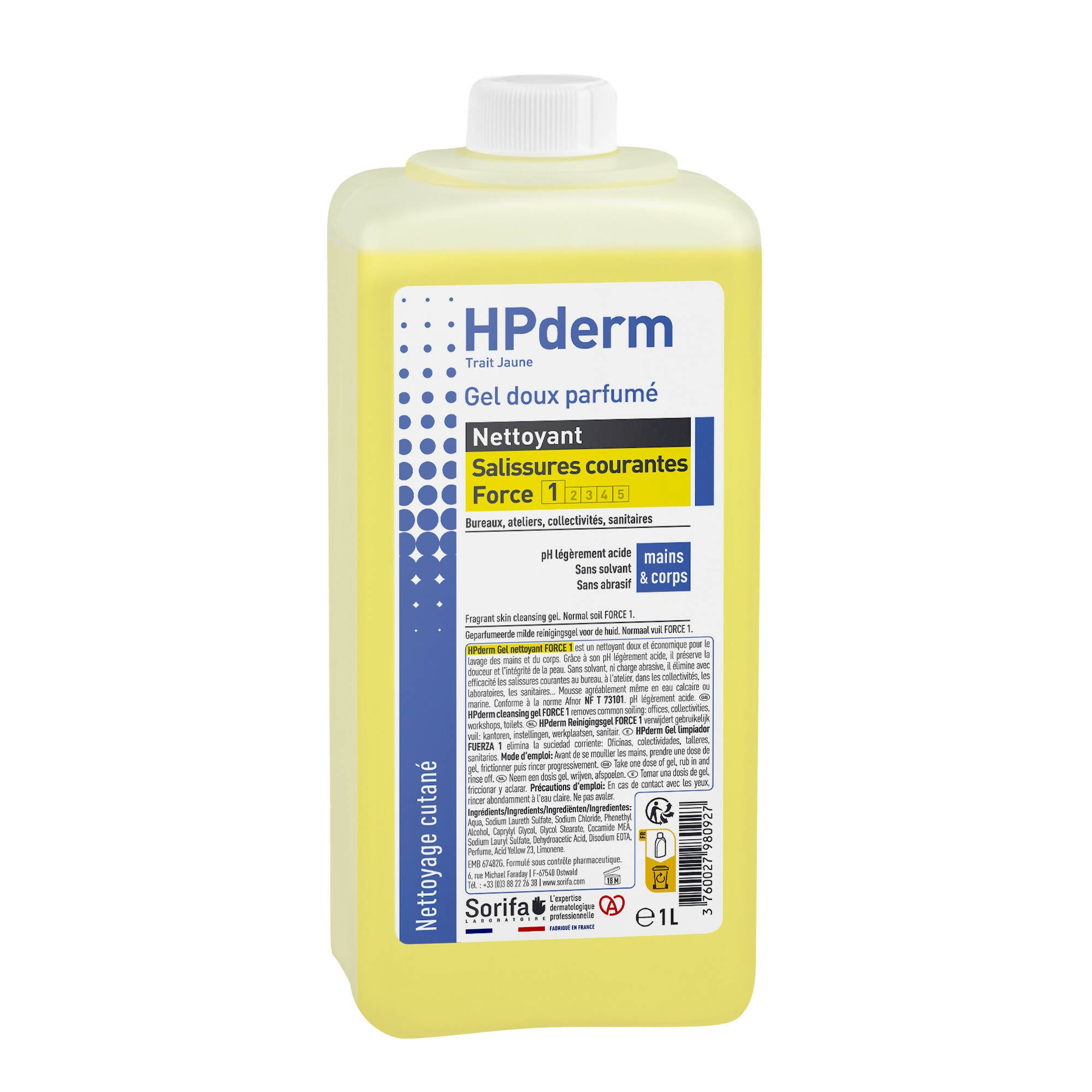 SORIFA - HPderm Gel nettoyant doux parfumé – Force 1 - Mains et corps – Salissures courantes - Bureaux, ateliers, collectivités, sanitaires – Parfum citron -Sans savon - Flacon 1L