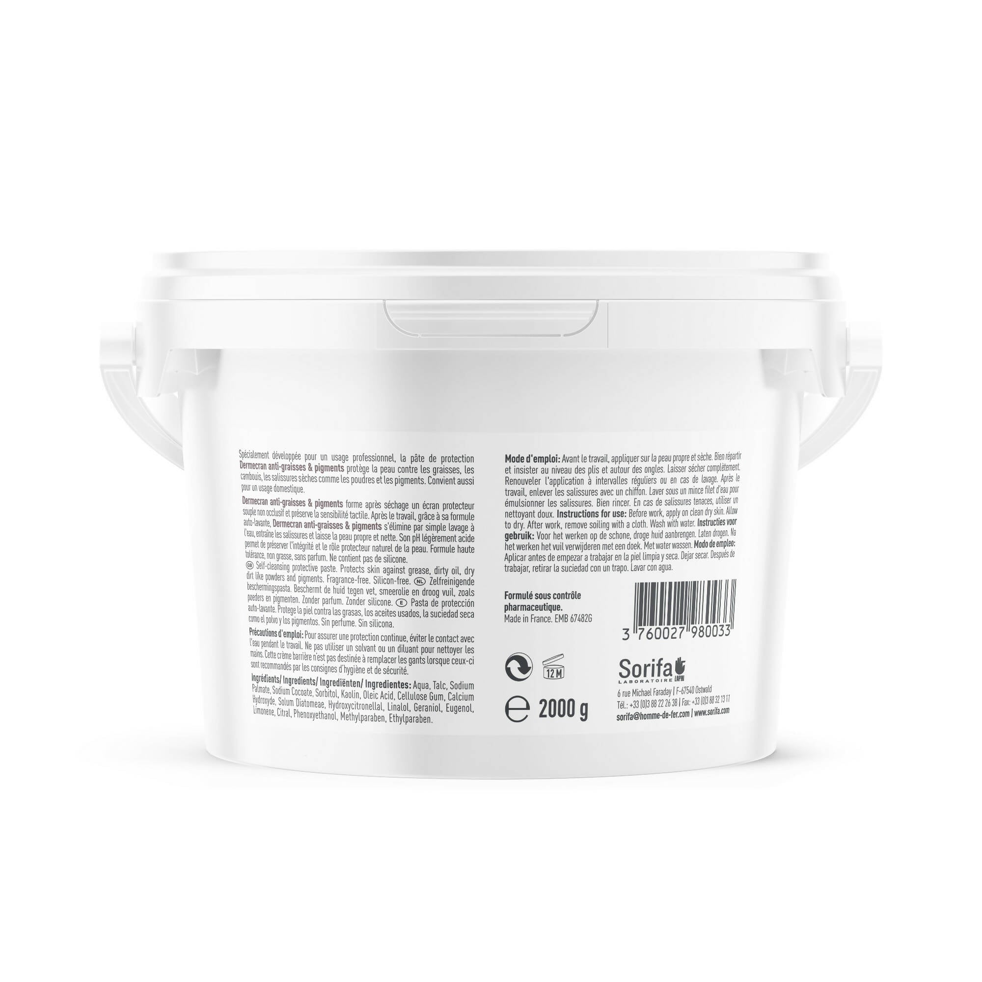 SORIFA - Carton compet de 4 - Dermécran – Pate de protection ANTI-GRAISSES – CAMBOUIS – POUDRES – PIGMENTS – Mains et bras – Haute tolérance – Pot 2 kg. - 0