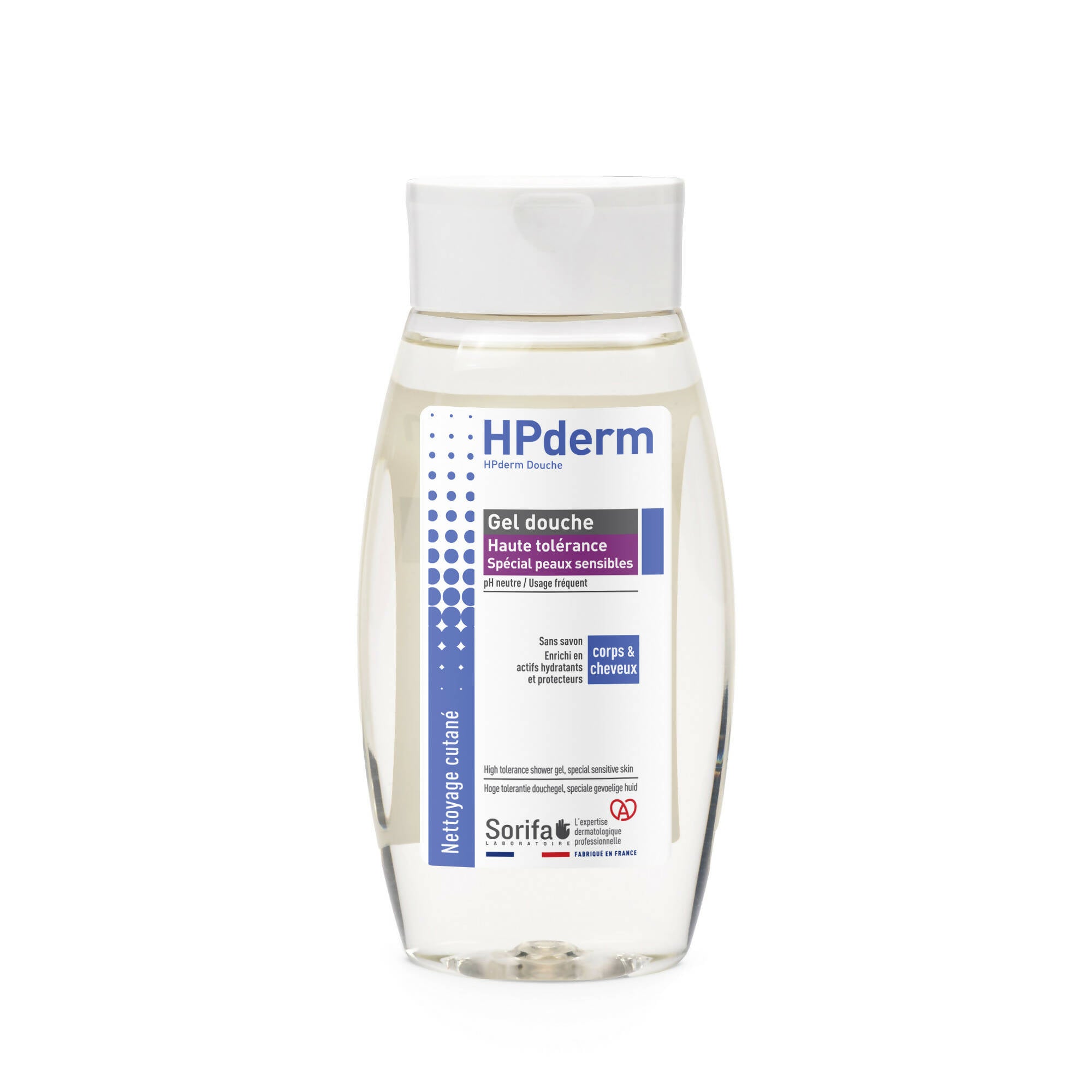 Sorifa - carton complet de 25 - hpderm gel douche haute tolerance - 2 en 1 corps et cheveux - spécial peaux sensibles peaux tatouées cheveux fragilisés - usage fréquent - ph neutre sans savon - flacon 250 ml